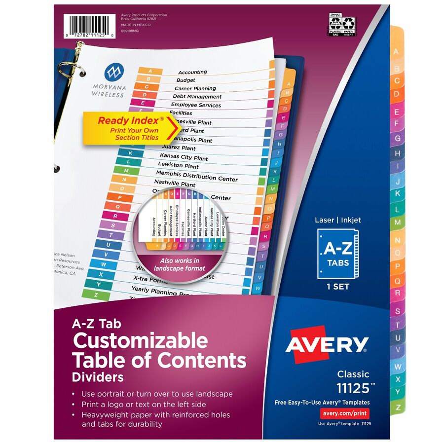 A-Z Dividers, 26 Tabs, Ready Index, Multicolor Tabs (11125)