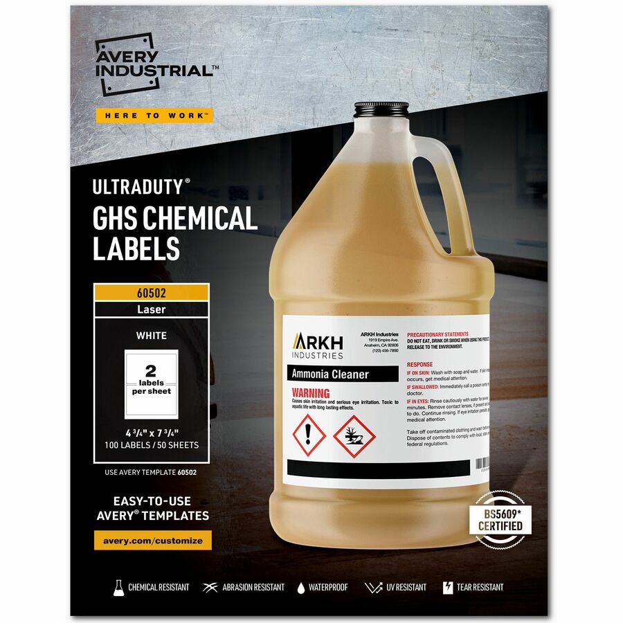 UltraDuty&#8482; GHS Chemical Labels 4?" x 7?" , Permanent Adhesive, for Laser Printers