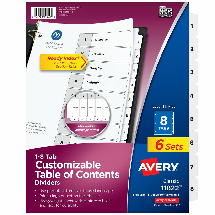 Ready Index 8 Tab Dividers, Customizable TOC, 6 Sets (11822)