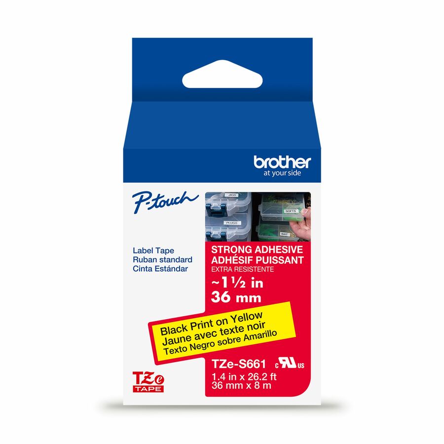 Genuine P-touch TZeS661 BK on YL Label Tape, Strong Adhesive Lam., 36mmX8m