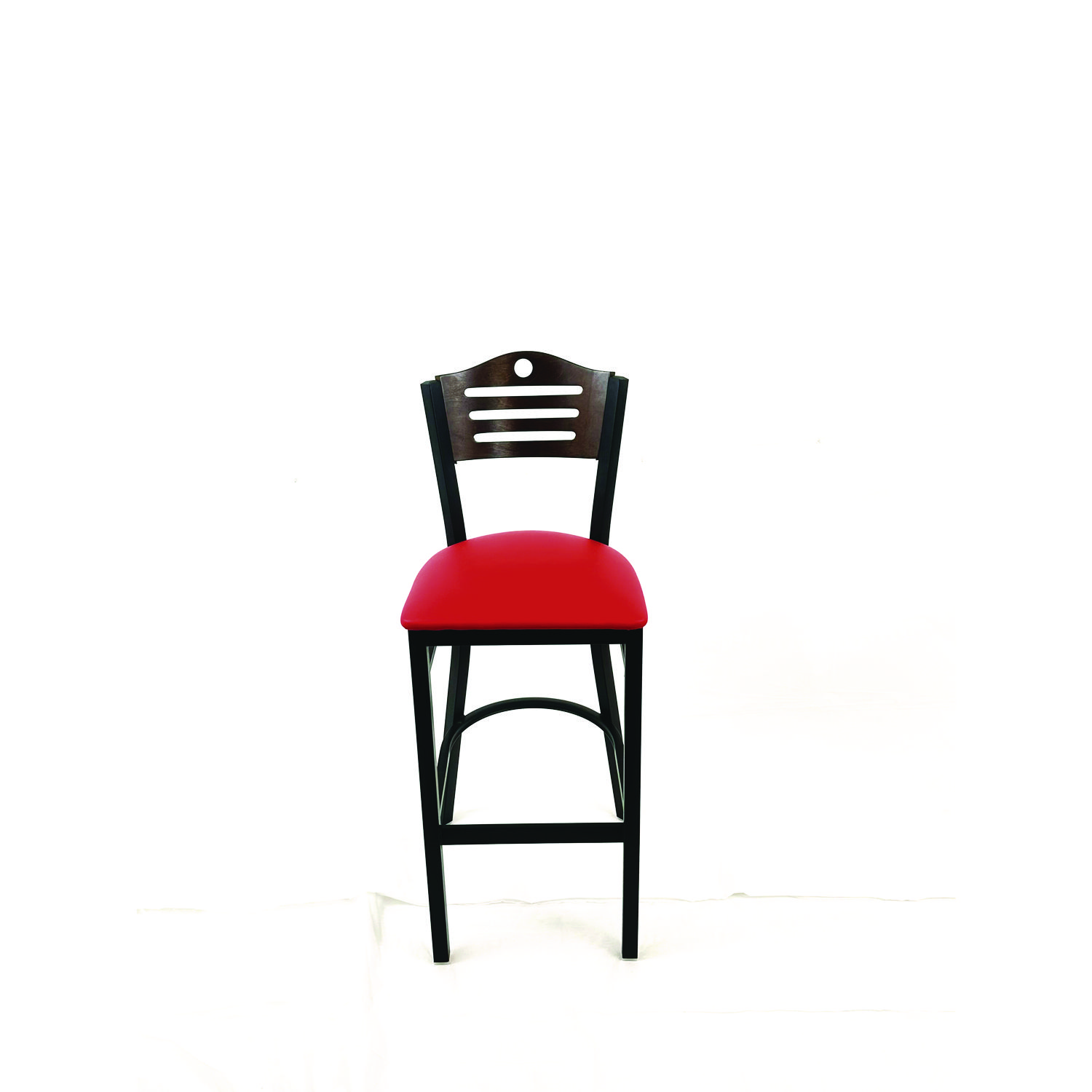 Eagle Series Barstool, Supports Up to 300 lb, 28.5" Seat Height, Red Seat, Dark Walnut Back, Black Base
