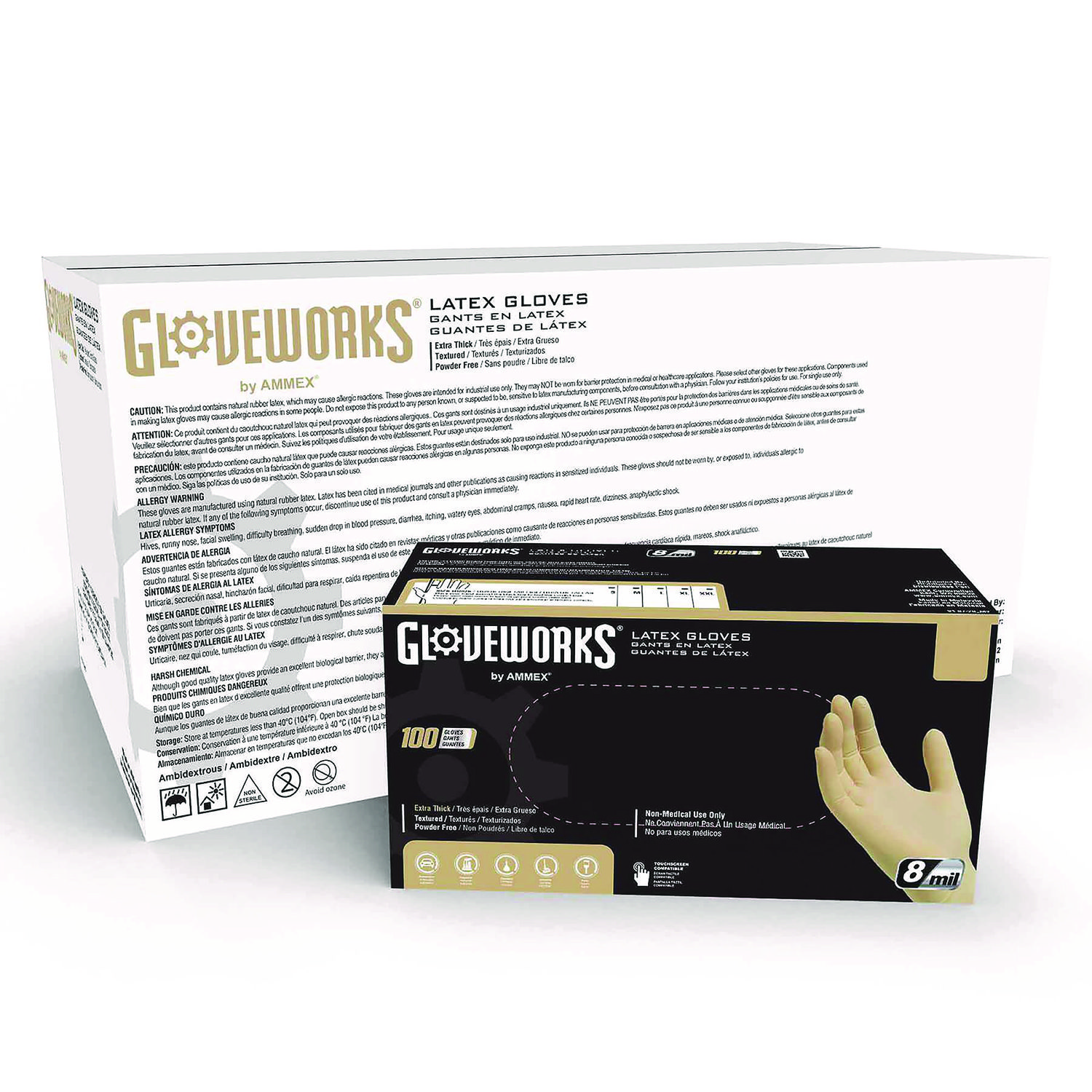 Extra Thick Latex Disposable Gloves, Powder-Free, Medium, 6 mil Thick, 9.5" Long, Ivory, 100/Box, 10 Boxes/Carton