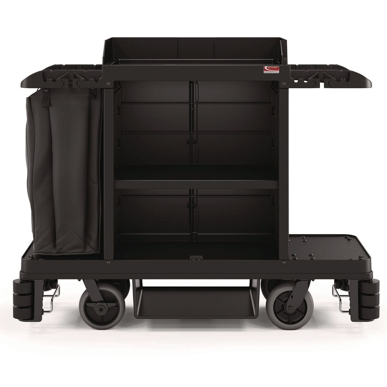 Partially Assembled Premium Housekeeping Cart, Plastic, 1 Shelf, 24 x 62.13 x 49.75, Black