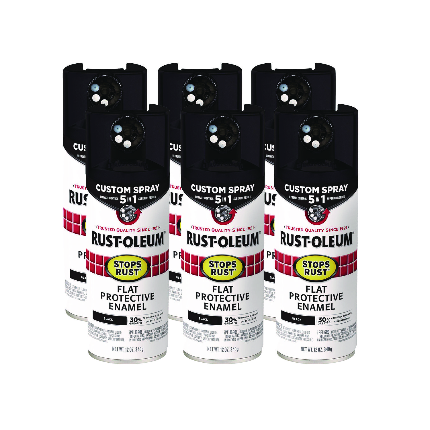 Stops Rust 5-in-1 Spray Paint, Flat Black, 12 oz Aerosol Can, 6/Carton