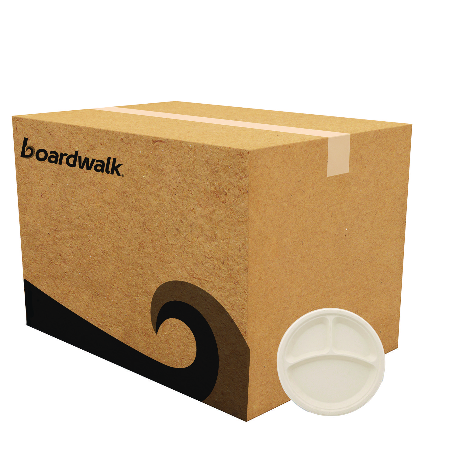 Bagasse PFAS-Free Dinnerware, 3-Compartment Plate, Sugarcane, 10" dia, Tan, 500/Carton