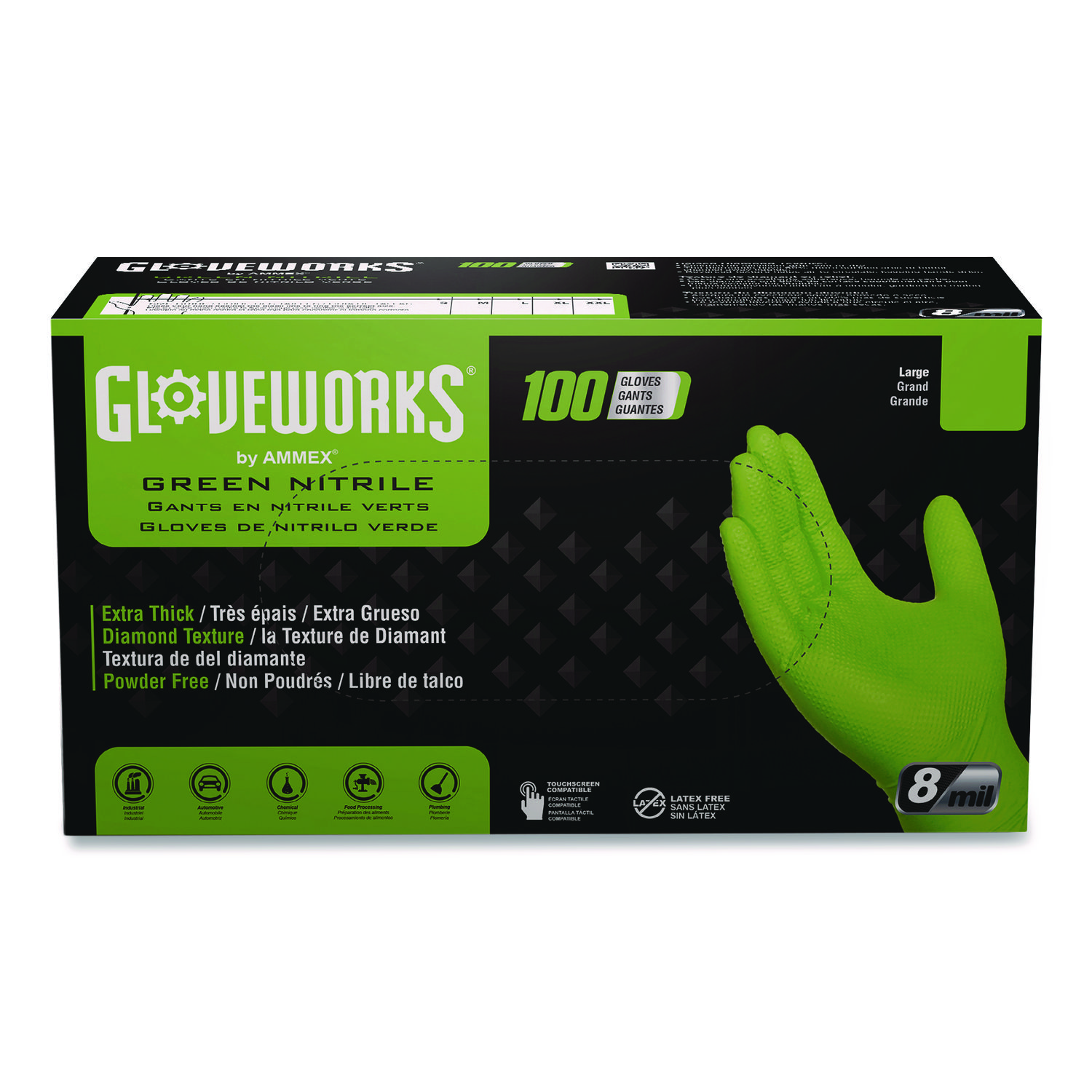 Heavy-Duty Industrial Nitrile Gloves, Powder-Free, XX-Large, 8 mil Thick, 9.5" Long, Green, 100/Box, 10 Boxes/Carton