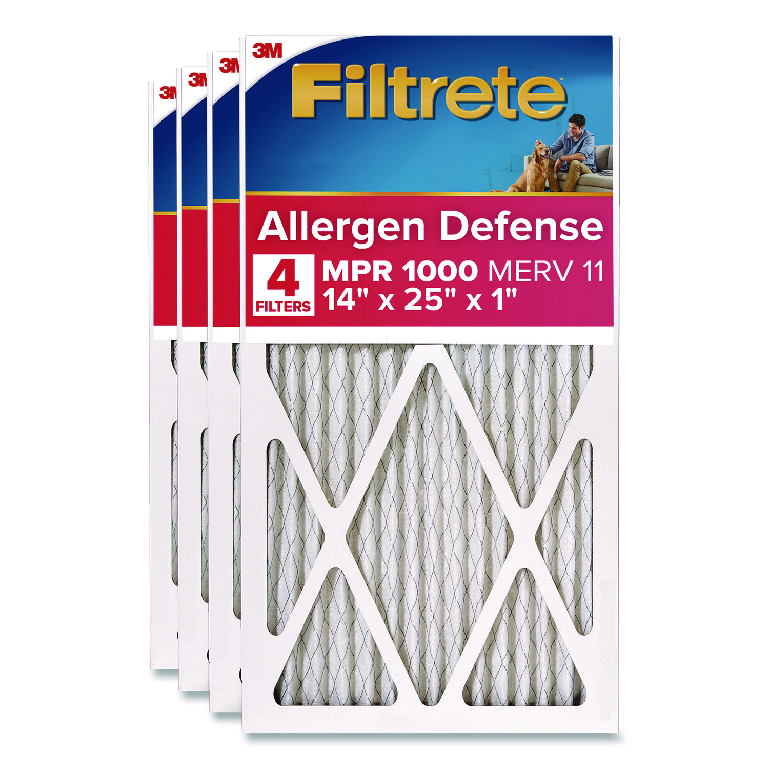 Allergen Defense Air Filter, MERV 11, MPR 1000, 14 x 25, 4/Carton