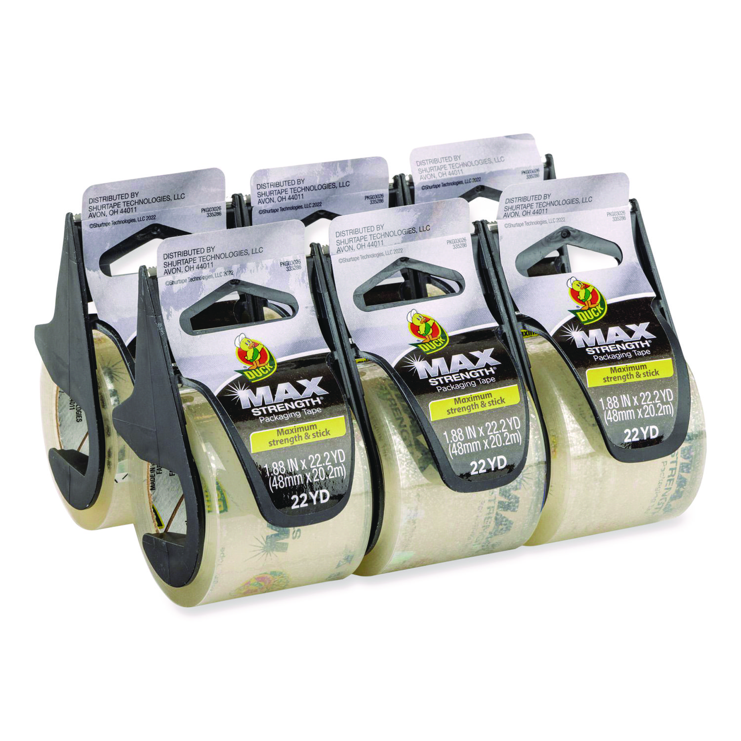 MAX Packaging Tape with Dispenser, 1.5" Core, 1.88" x 22 yds, Crystal Clear, 6/Box