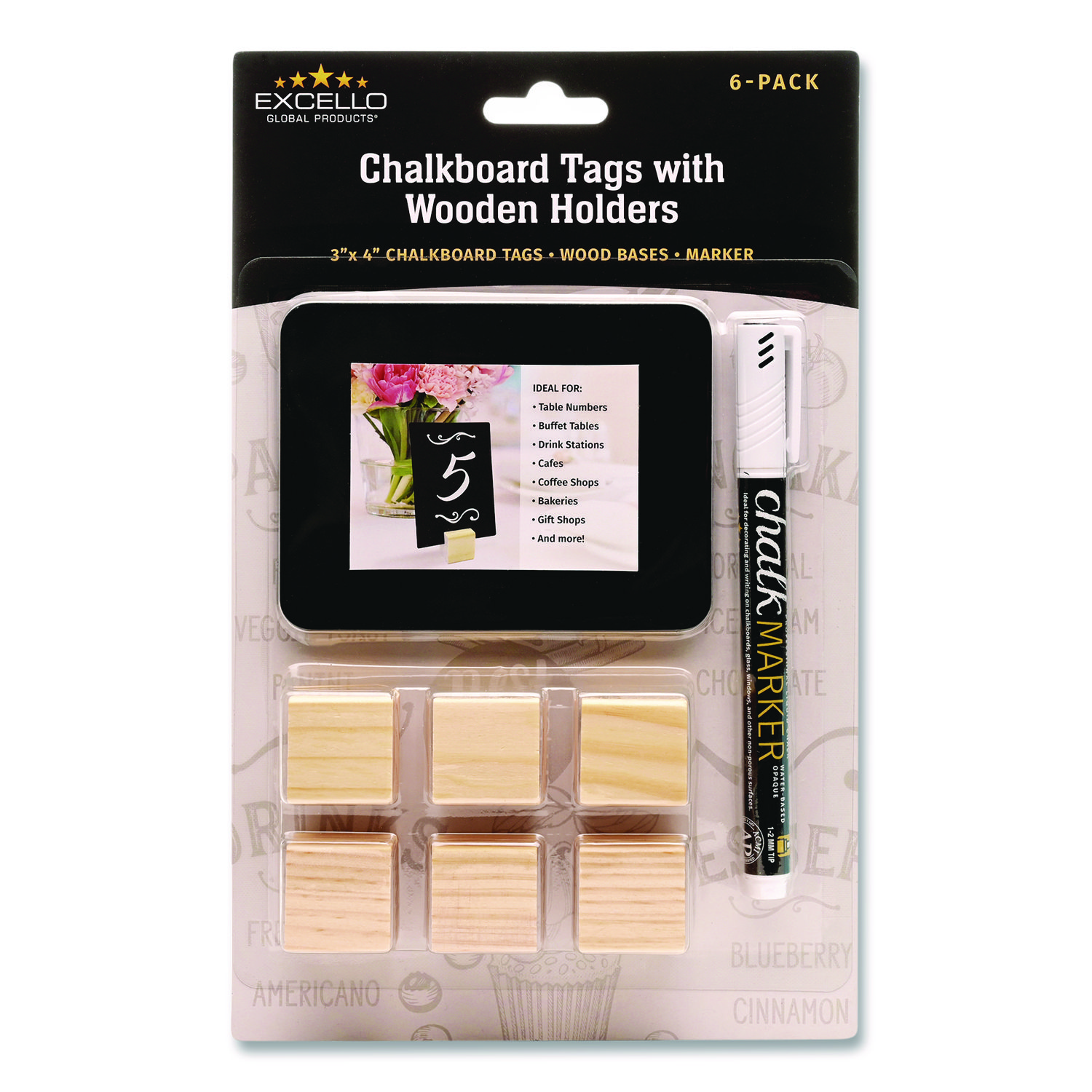 Tabletop Chalkboard Tag, Black Surface, Teak Wood Holder, 3 x 4, 6/Pack