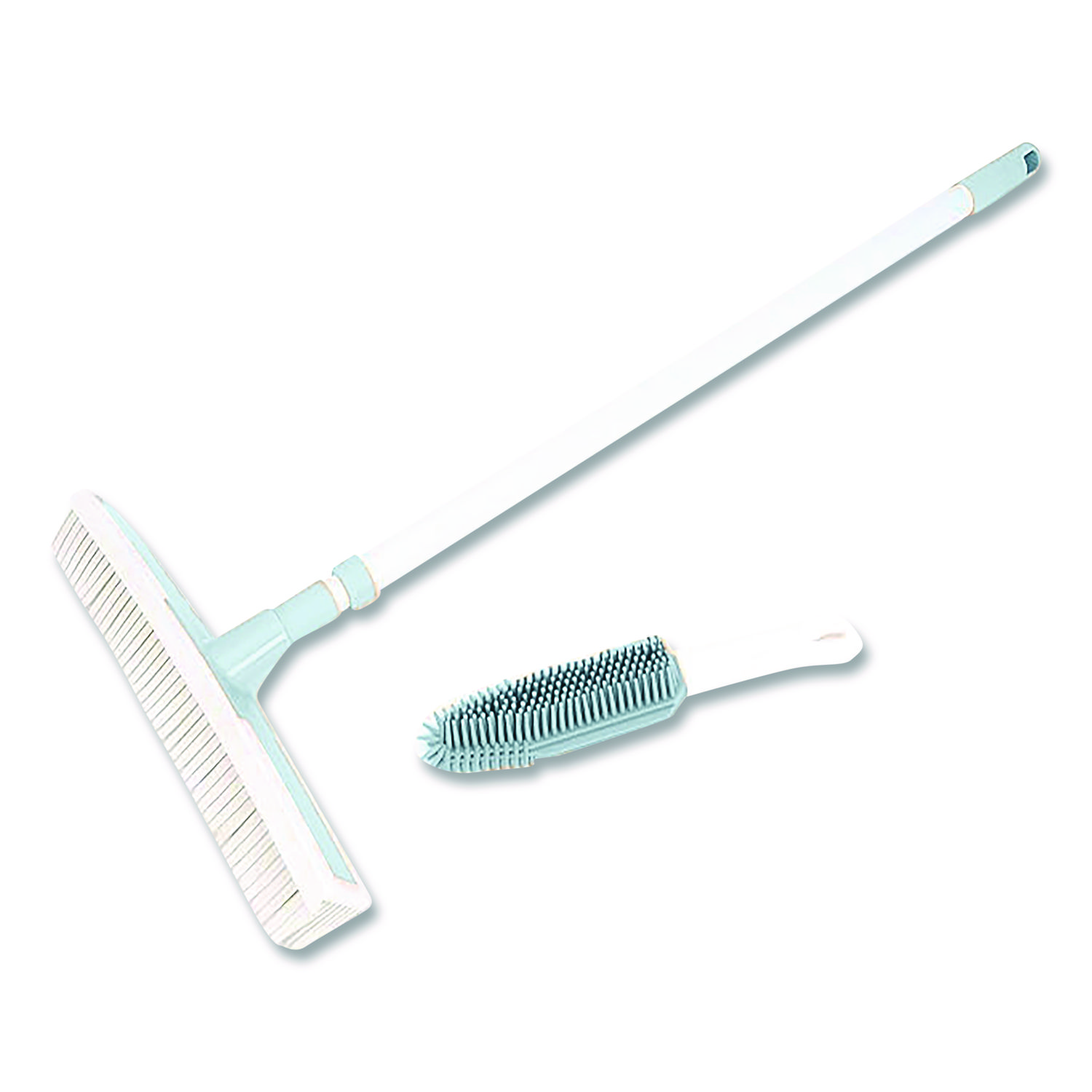 Rubber Broom and Handheld Brush,11.75 x 50 Plastic Handle, White/Blue