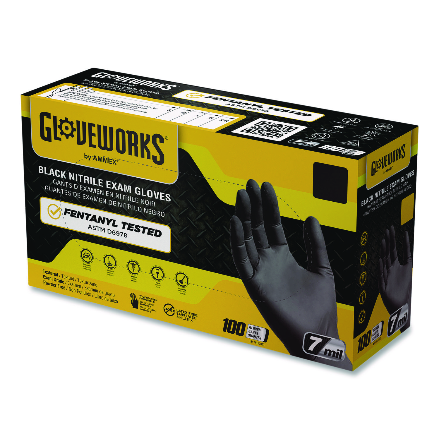 Nitrile Exam Gloves, Powder-Free, Large, 7 mil Thick, 9.5" Long, Black, 100/Box, 10 Boxes/Carton