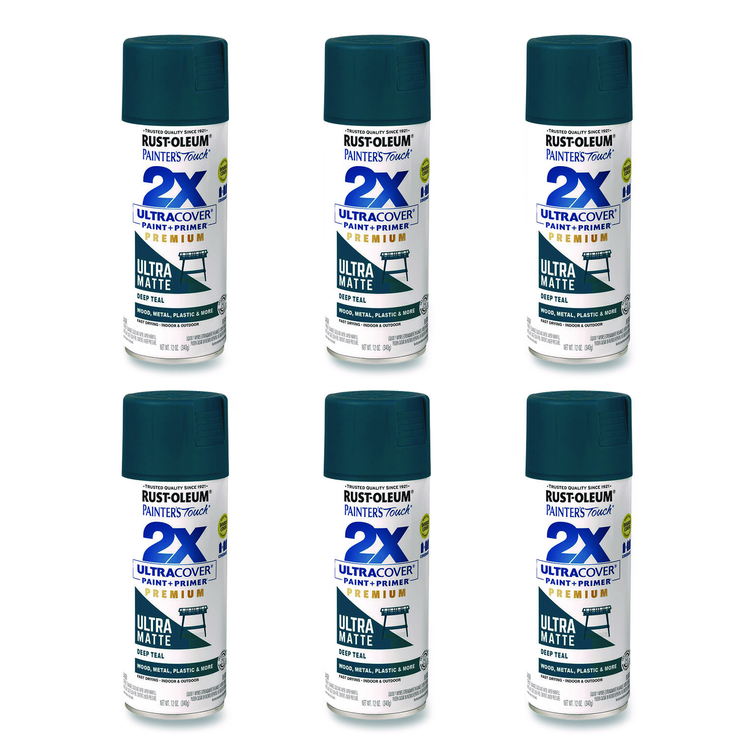 Painter's Touch 2X Ultra Cover Spray Paint, Ultra Matte Teal, 12 oz Aerosol Can, 6/Carton