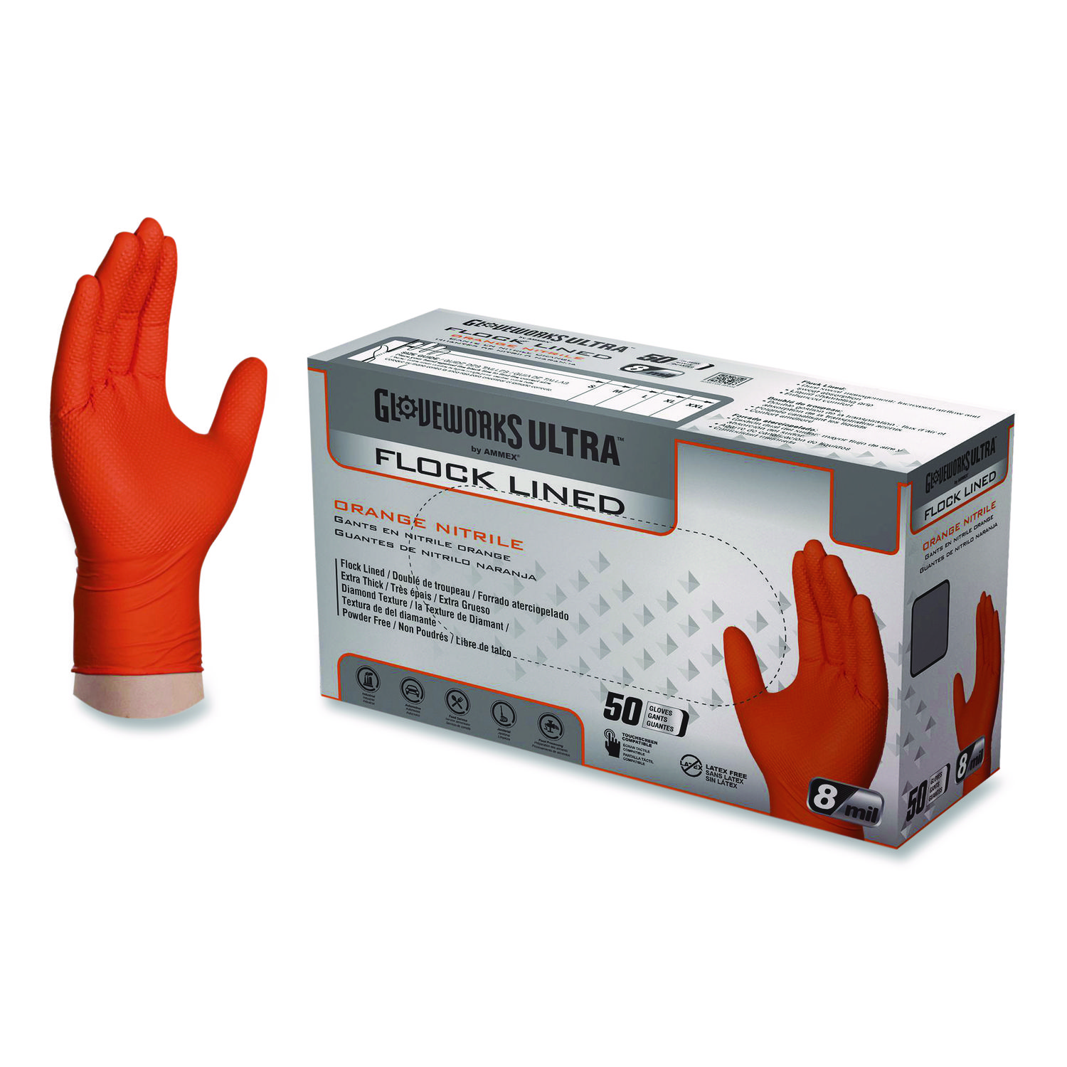 Ultra Industrial Flock-Lined Nitrile Disposable Gloves, Large, 8 mil Thick, 9.06" Long, Orange, 50/Box, 10 Boxes/Carton