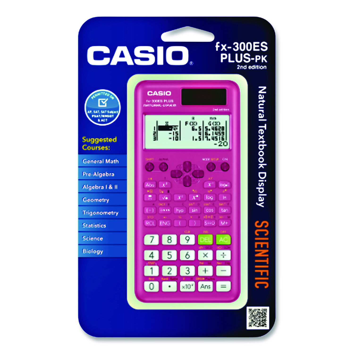 FX-300ES Plus 2nd Edition Scientific Calculator, 16-Digit LCD, Pink