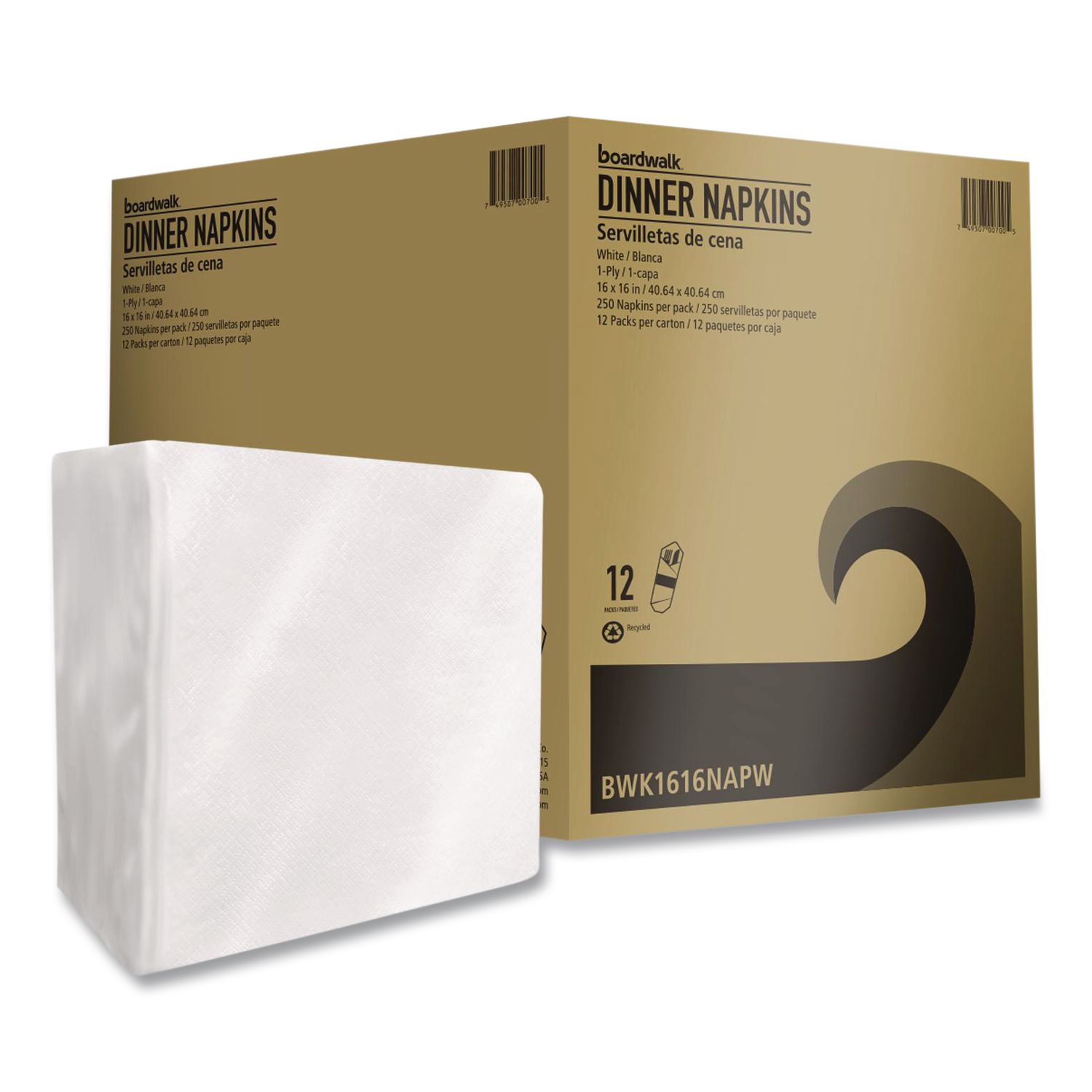Dinner Napkins, 1-Ply, 16" x 16", White, 250/Pack, 12 Packs/Carton