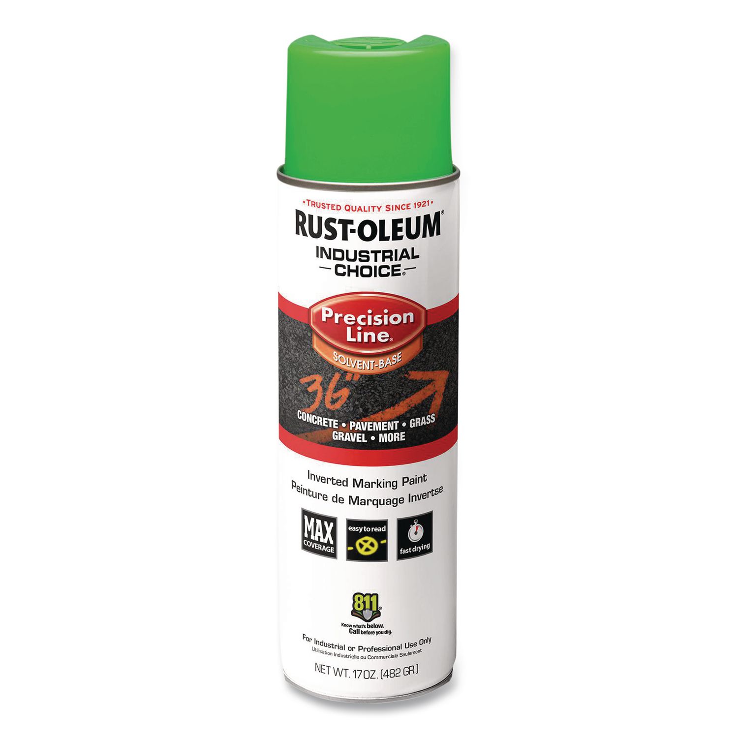 Industrial Choice M1600 System Solvent-Based Precision Line Marking Paint, Flat Fluorescent Green, 17 oz Aerosol Can, 12/CT