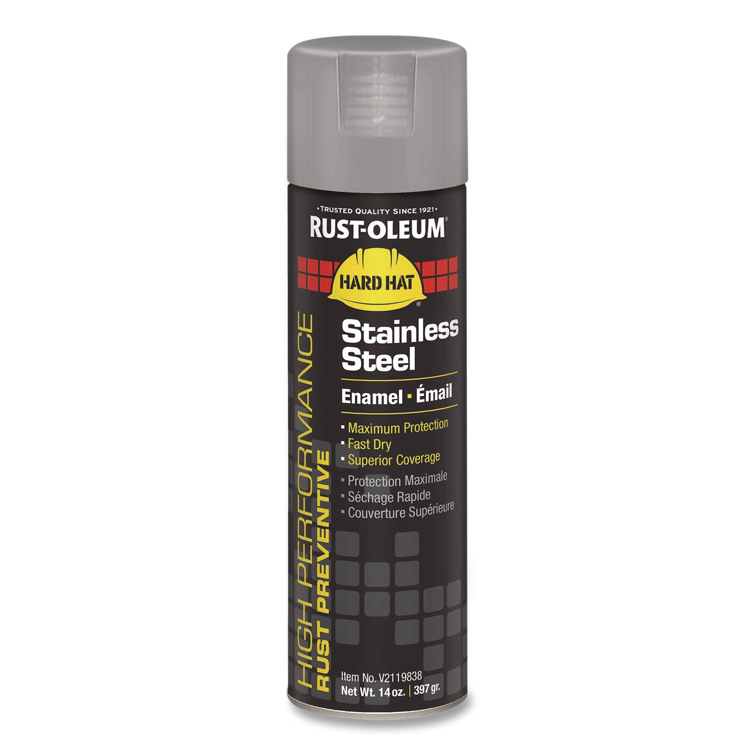 Hard Hat High Performance V2100 System Rust Preventive Enamel Spray Paint, Flat Stainless Steel, 15 oz Aerosol Can, 6/Carton