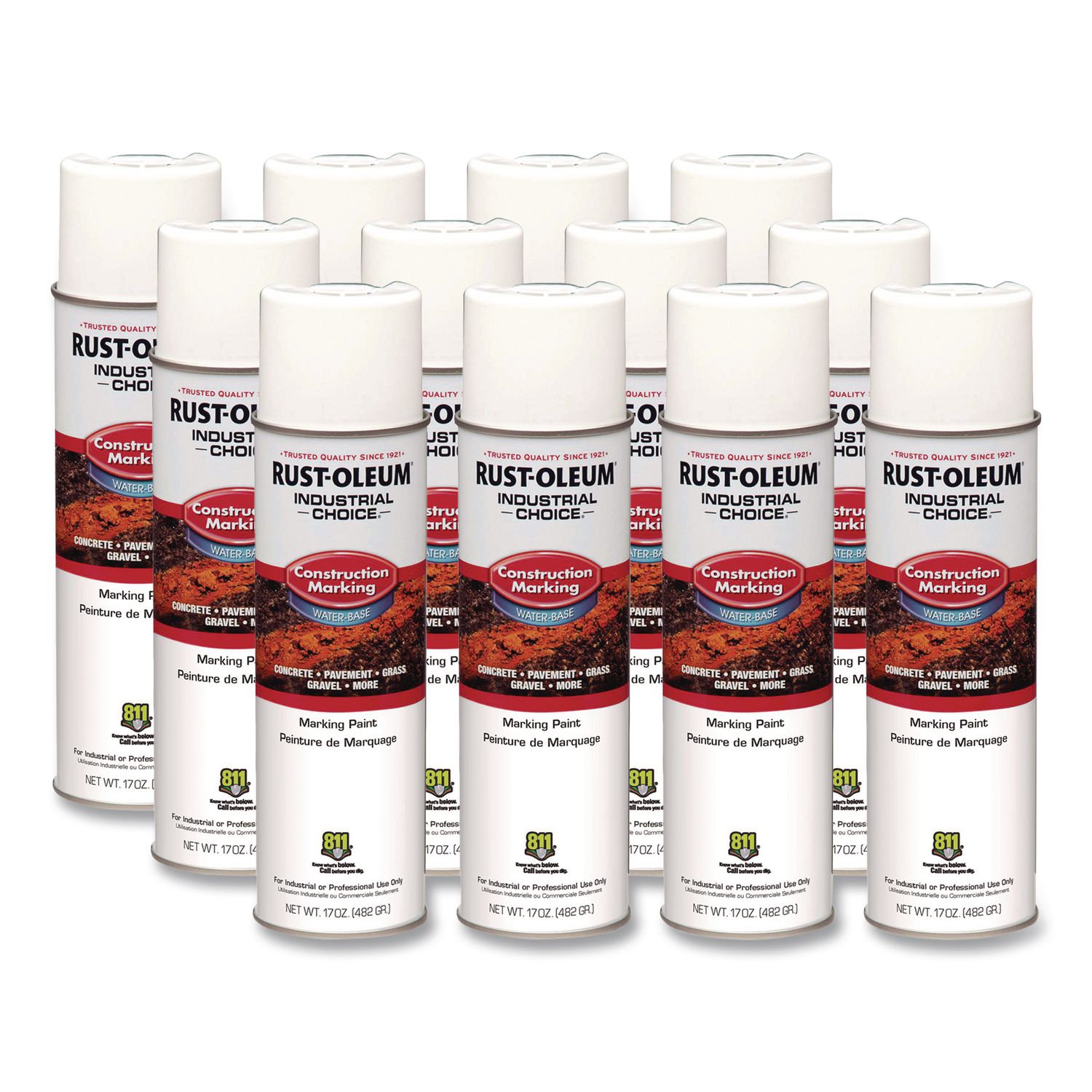 Industrial Choice M1400 System Water-Based Construction Marking Paint, Gloss White, 17 oz Aerosol Can, 12/Carton