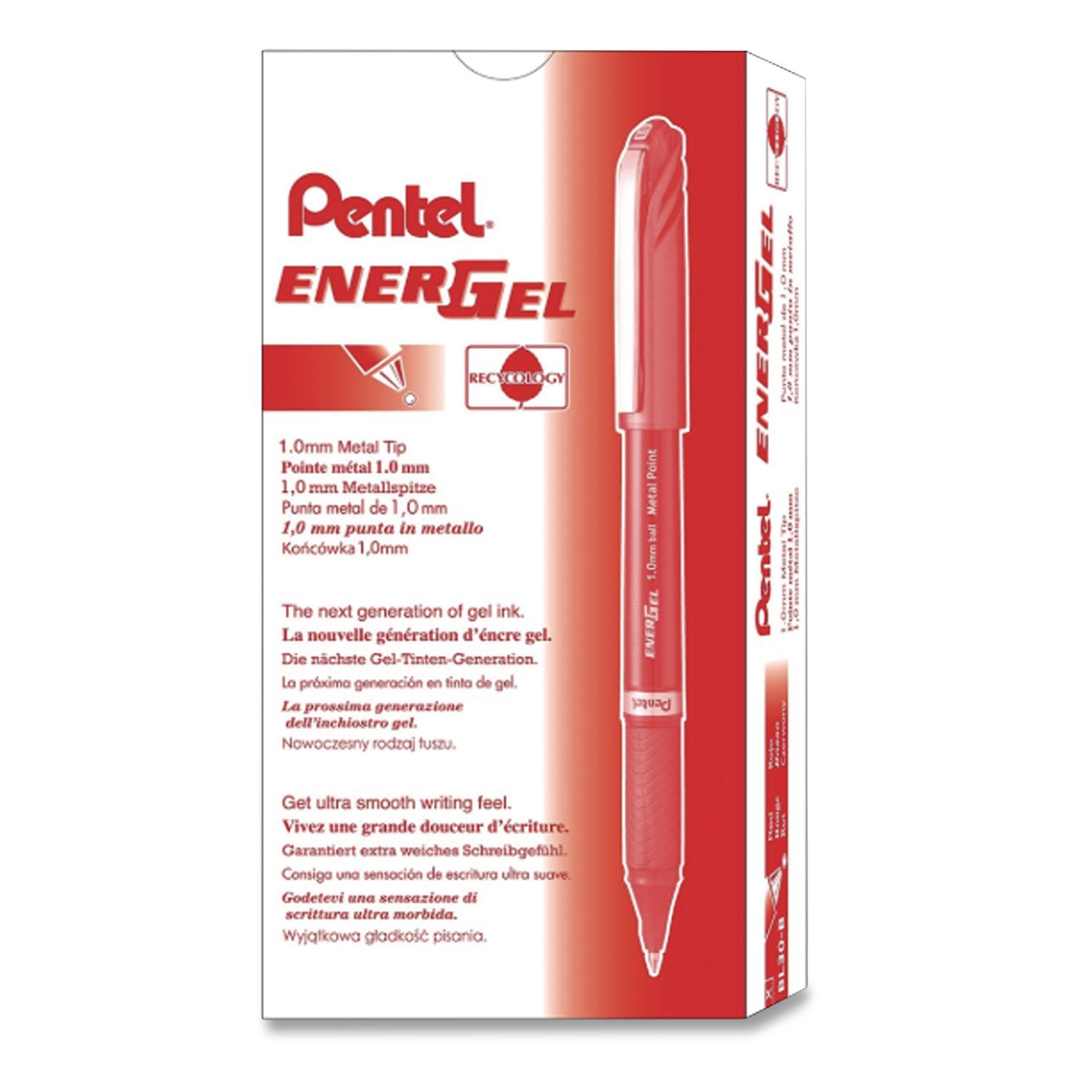 EnerGel NV Gel Pen, Stick, Medium 0.7 mm, Red Ink, Gray/Black/Red Barrel, Dozen