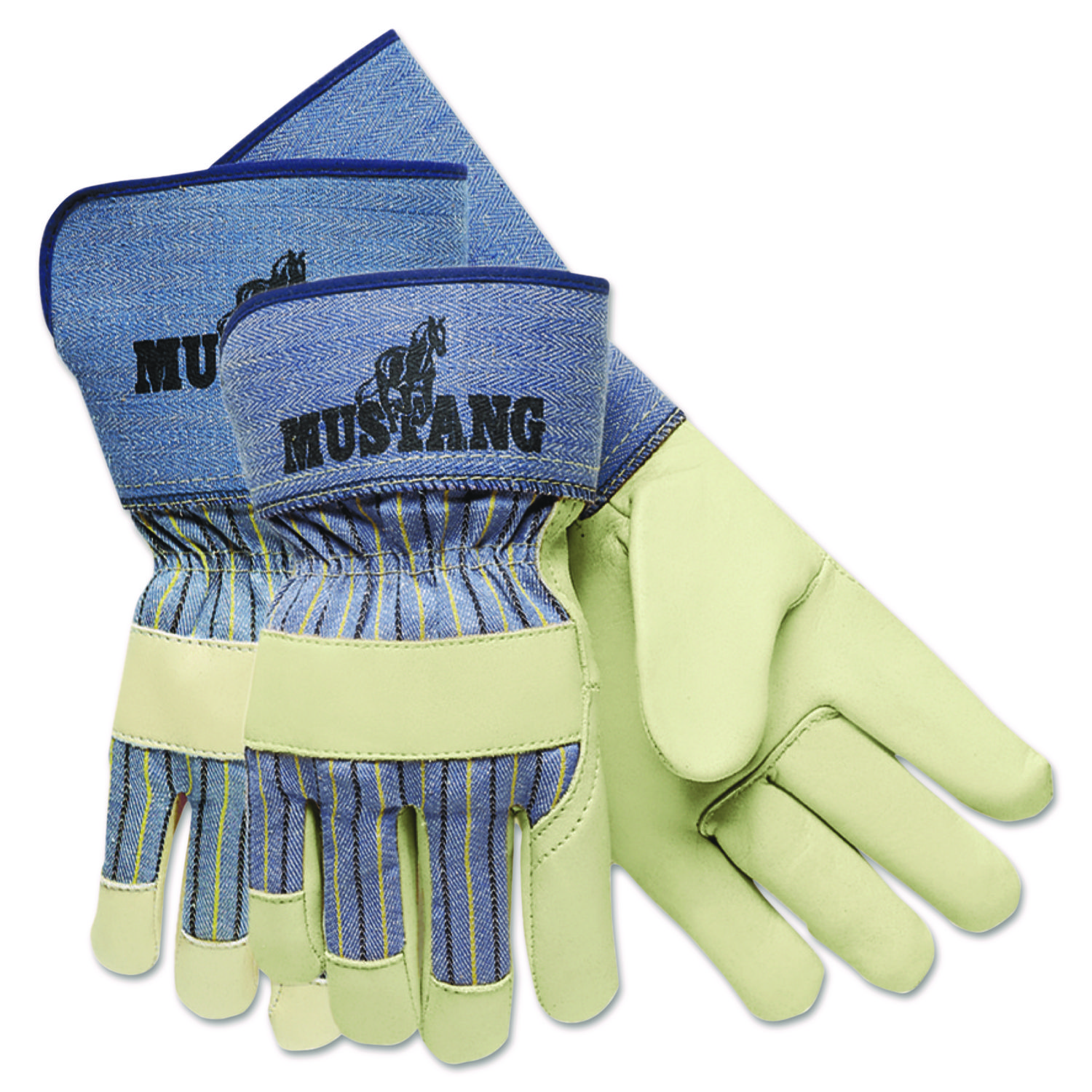 Grain-Leather-Palm Gloves, Gunn Cut, Wing Thumb, Medium, Blue Striped/White, 12 Pairs
