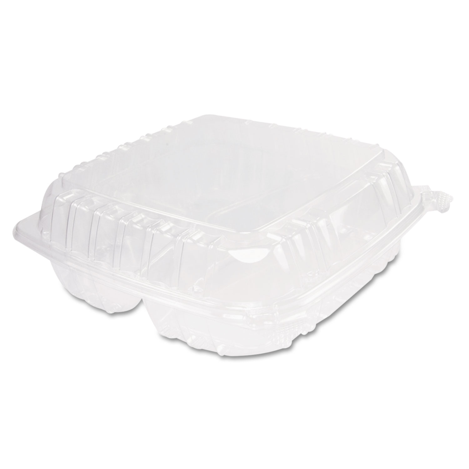 ClearSeal Hinged-Lid Plastic Containers, 3 Compartments, 9.4 x 8.9 x 3, Plastic, 100/Bag, 2 Bags/Carton