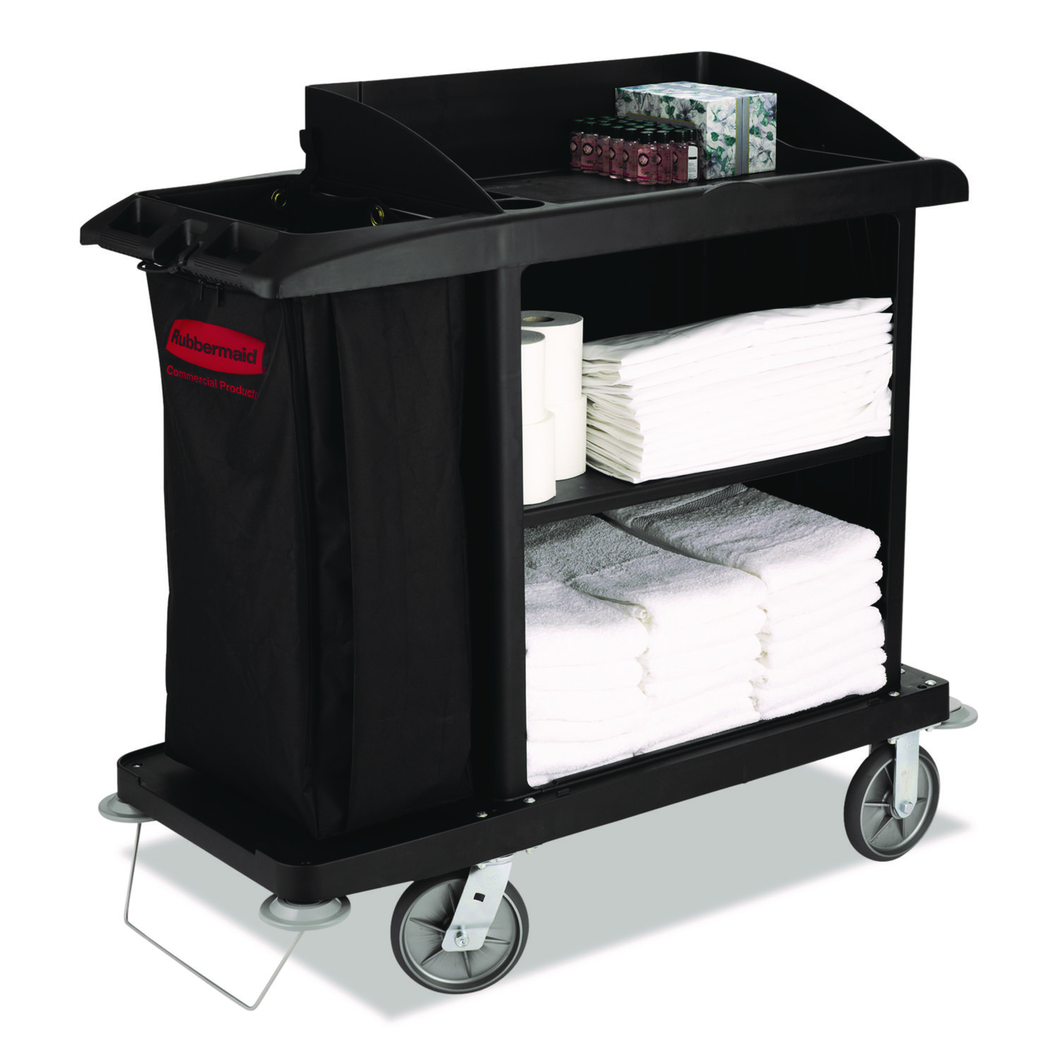 Multi-Shelf Cleaning Cart, Plastic, 4 Shelves, 1 Bin, 22" x 49" x 50", Black