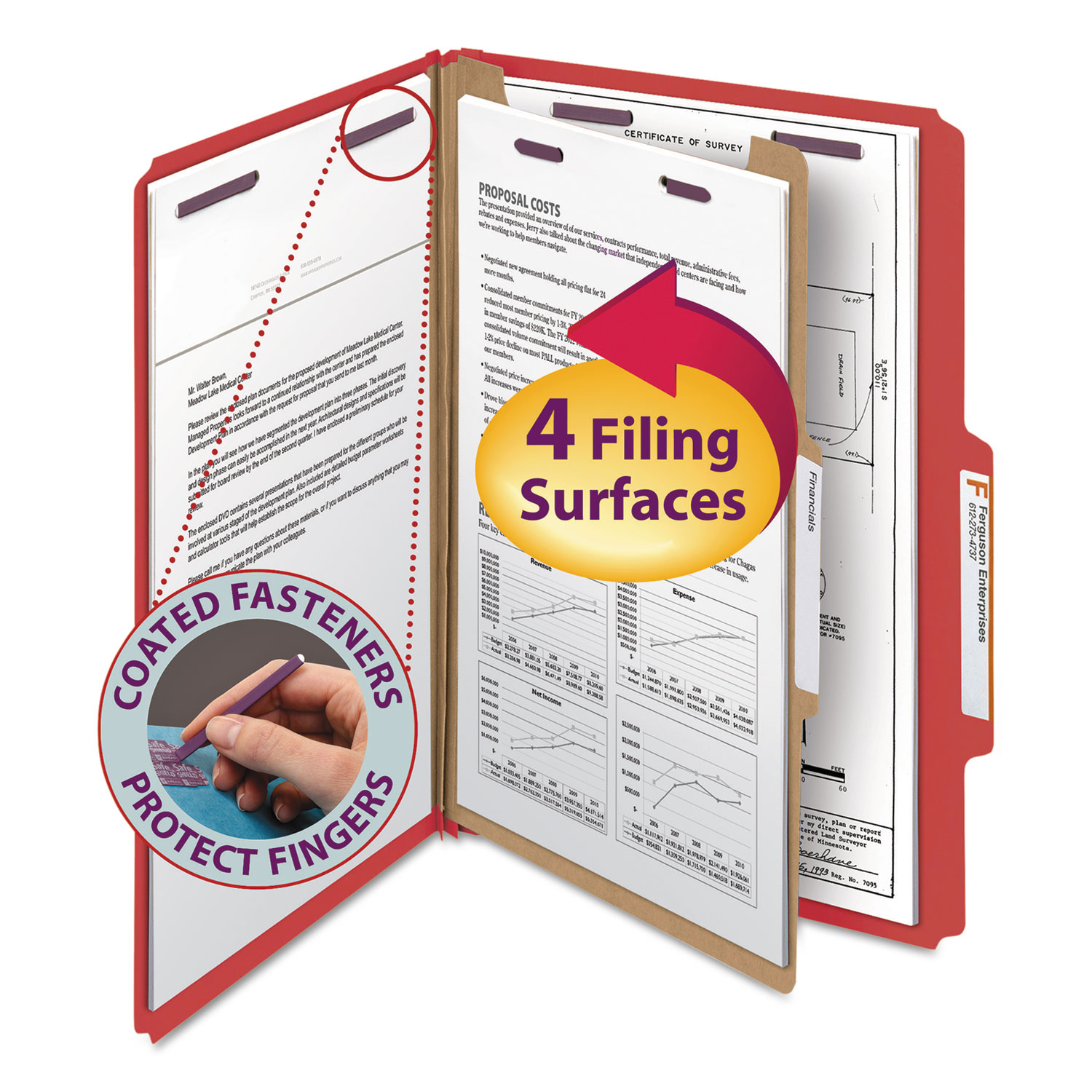 Four-Section Pressboard Top Tab Classification Folders, Four SafeSHIELD Fasteners, 1 Divider, Legal Size, Bright Red, 10/Box
