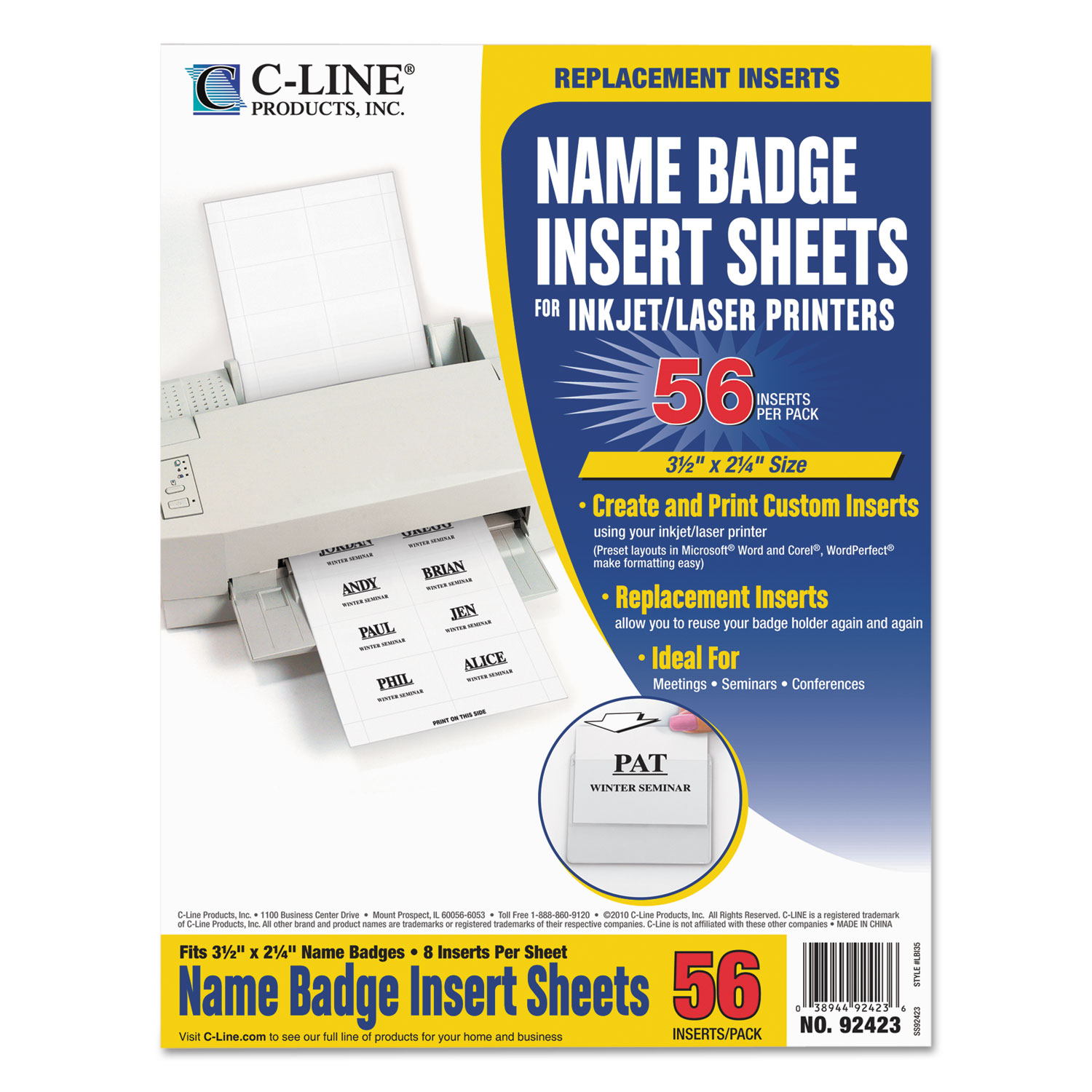 Name Badge Inserts, 3 1/2 x 2 1/4, White, 56/Pack