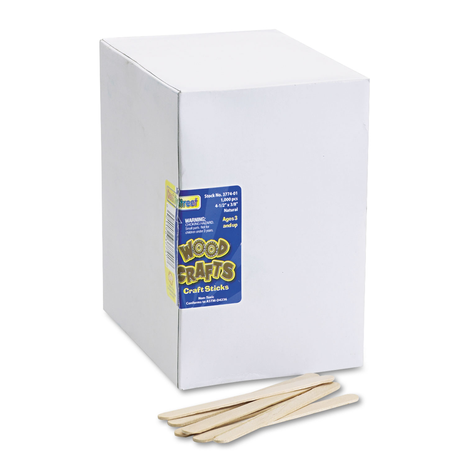 Economy Grade Natural Wood Craft Sticks, 4.5 x 0.38, 1,000/Box