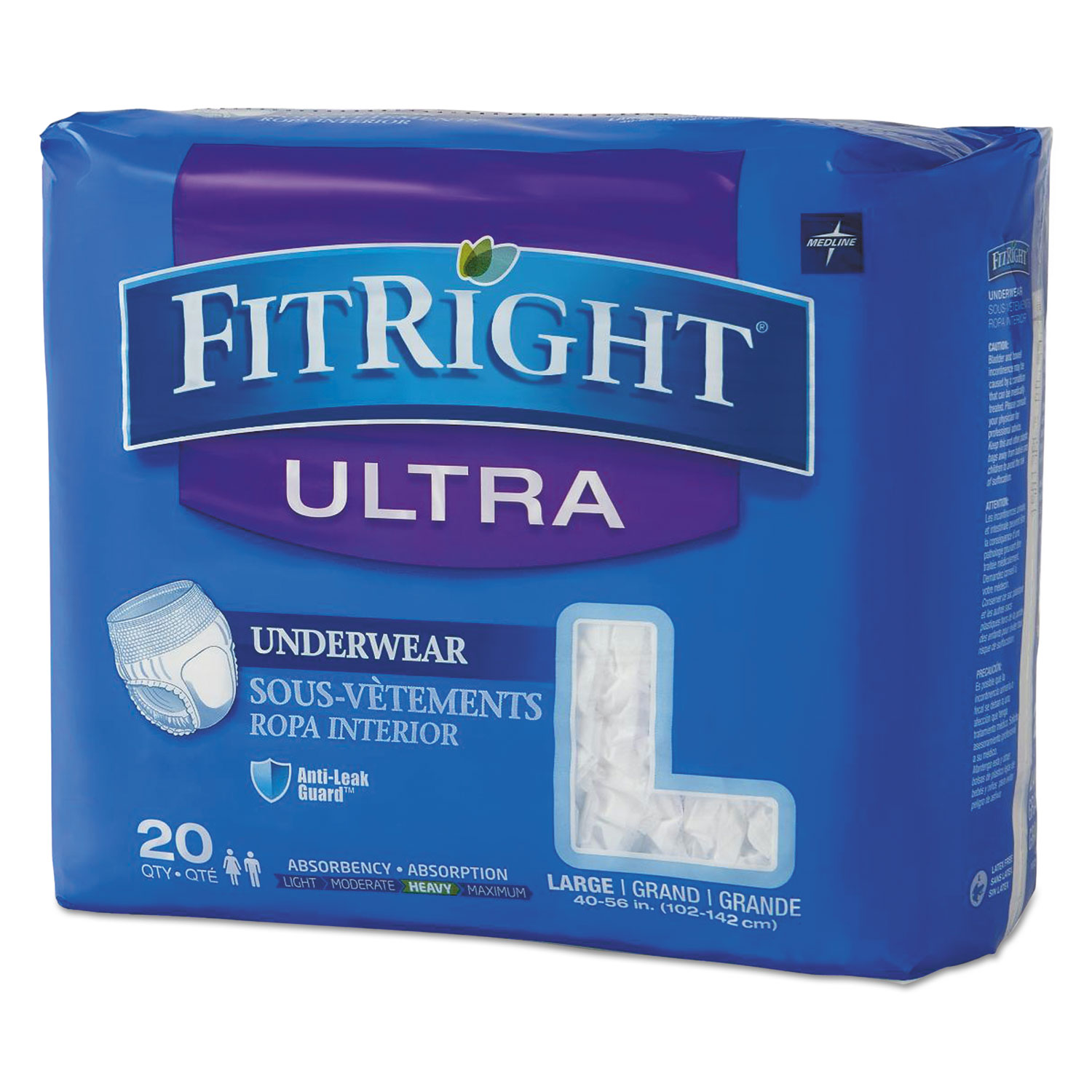 FitRight Ultra Protective Underwear, Large, 40" to 56" Waist, 20/Pack, 4 Pack/Carton