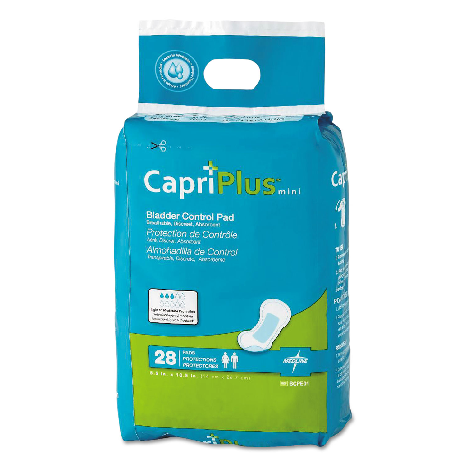 Capri Plus Bladder Control Pads, Regular, 5.5 x 10.5, 28/Pack, 12/Carton