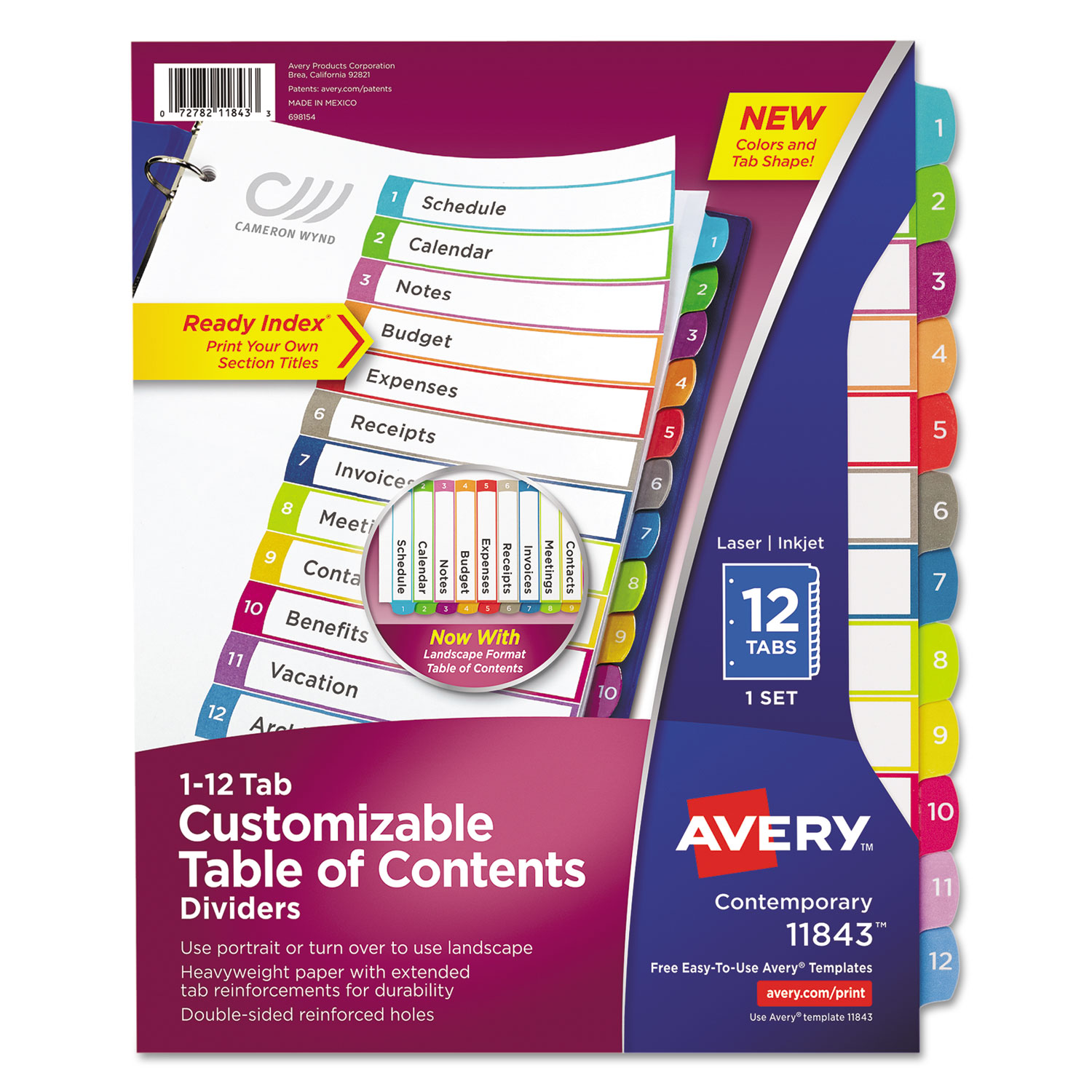 Customizable TOC Ready Index Multicolor Tab Dividers, 12-Tab, 1 to 12, 11 x 8.5, White, Contemporary Color Tabs, 1 Set