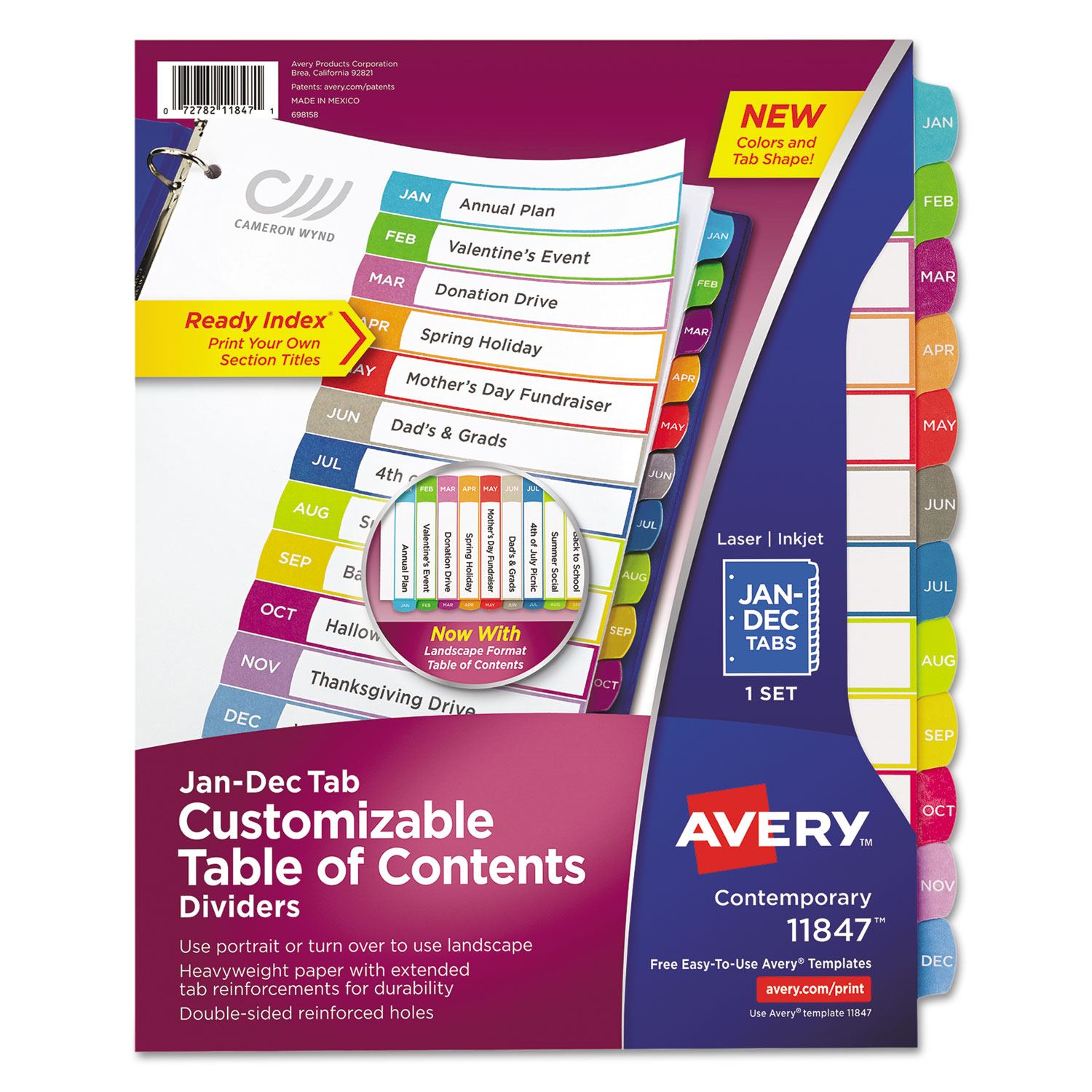 Customizable TOC Ready Index Multicolor Tab Dividers, 12-Tab, Jan. to Dec., 11 x 8.5, White, Contemporary Color Tabs, 1 Set