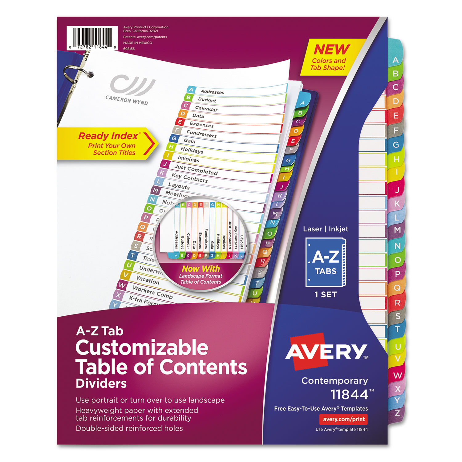 Customizable TOC Ready Index Multicolor Tab Dividers, 26-Tab, A to Z, 11 x 8.5, White, Contemporary Color Tabs, 1 Set