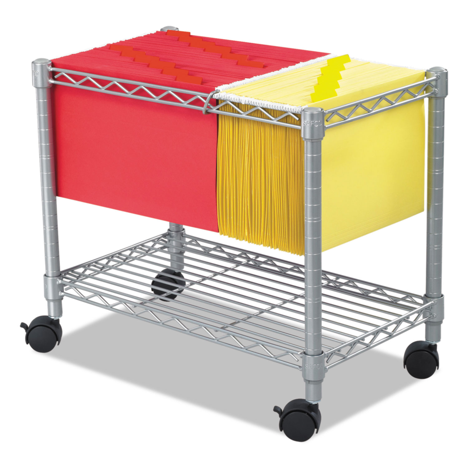 Wire Mobile File, Metal, 1 Shelf, 2 Bins, 14" x 24" x 20.5", Metallic Gray