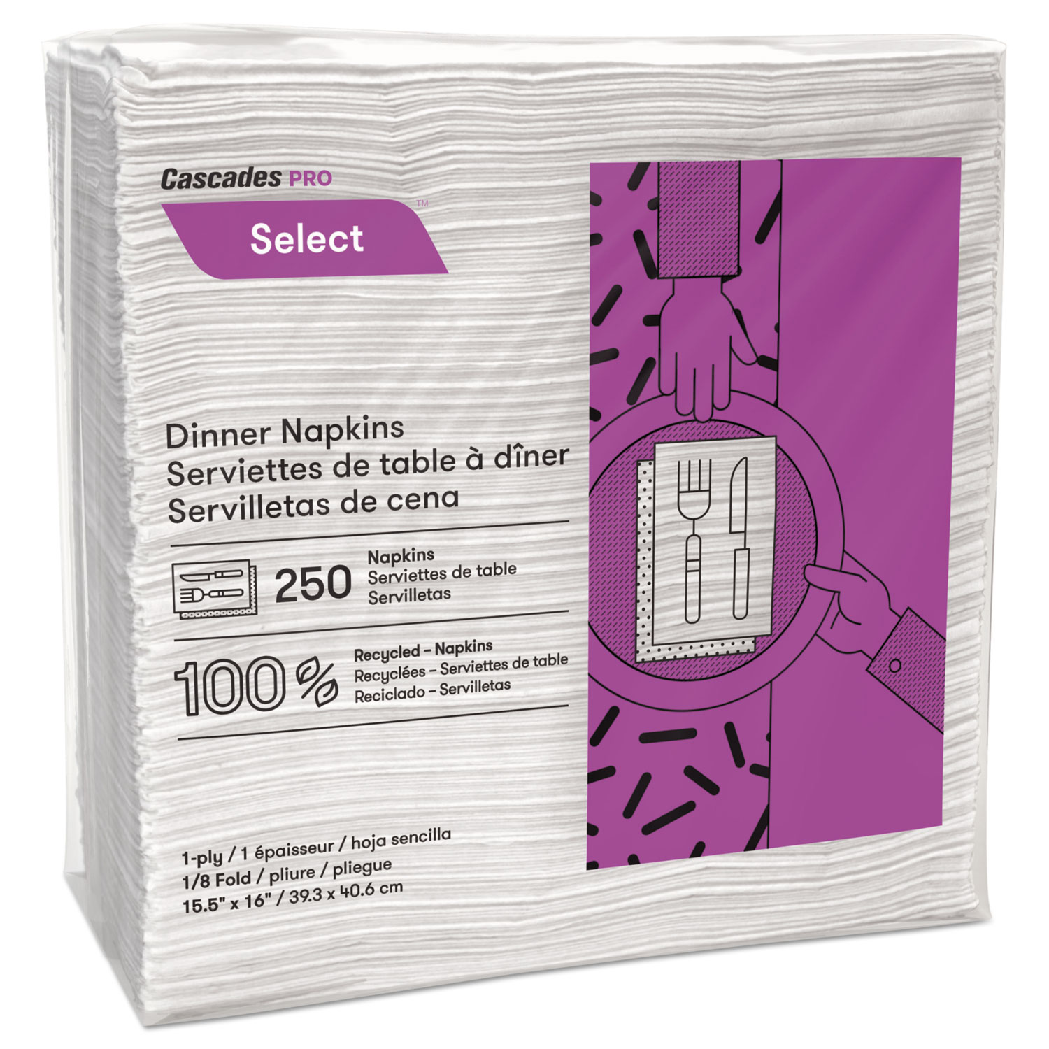 Select Dinner Napkins, 1-Ply, 16 x 15, White, 250/Pack, 12/Carton