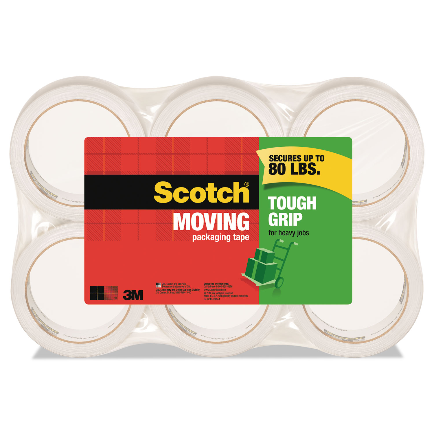 Tough Grip Moving Packaging Tape, 3" Core, 1.88" x 54.6 yds, Clear, 6/Pack