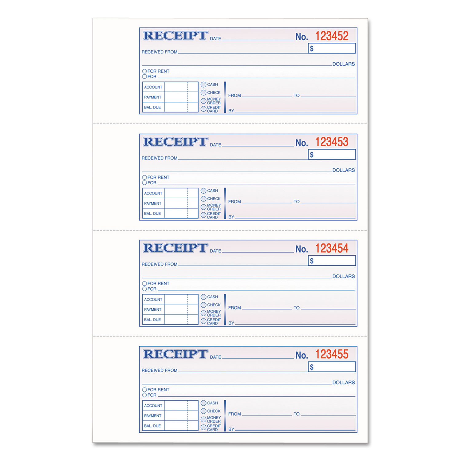 Multipart Money/Rent Receipt Book, Casebound (Hard Cover), Three-Part Carbonless, 7 x 2.75, 4 Forms/Sheet, 200 Forms Total