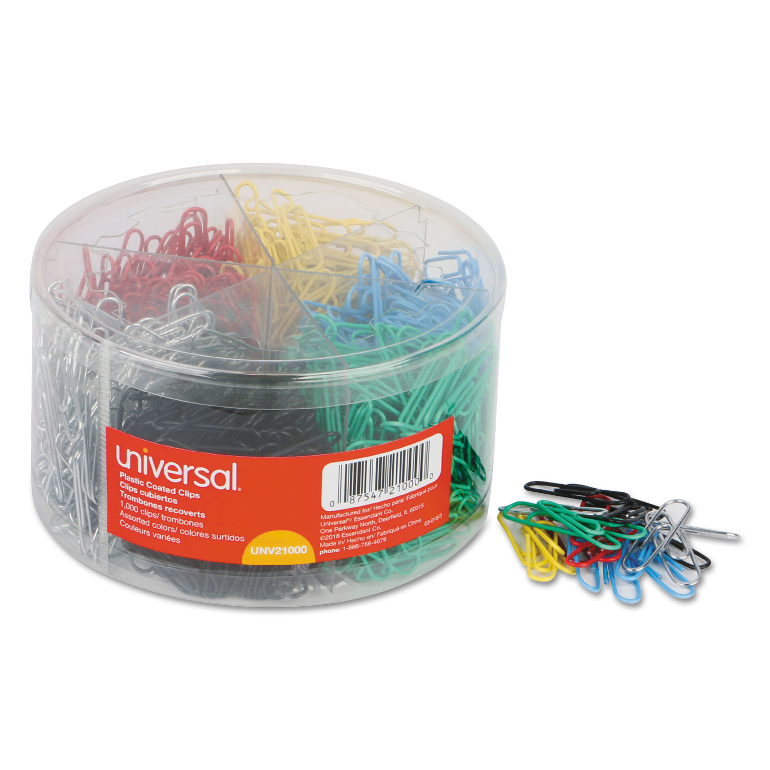 Plastic-Coated Paper Clips with Six-Compartment Dispenser Tub, #3, Assorted Colors, 1,000/Pack