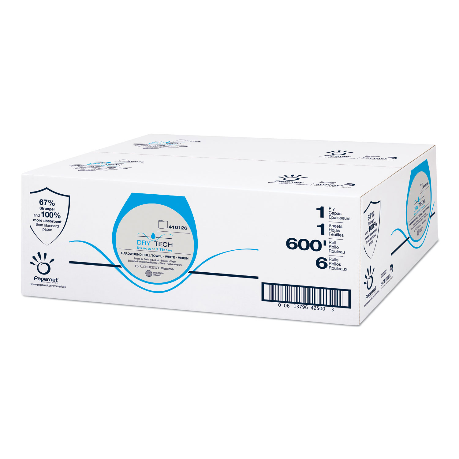 Dry Tech Paper Towel, 1-Ply, 7.5" x 600 ft, White, 6 Rolls/Carton