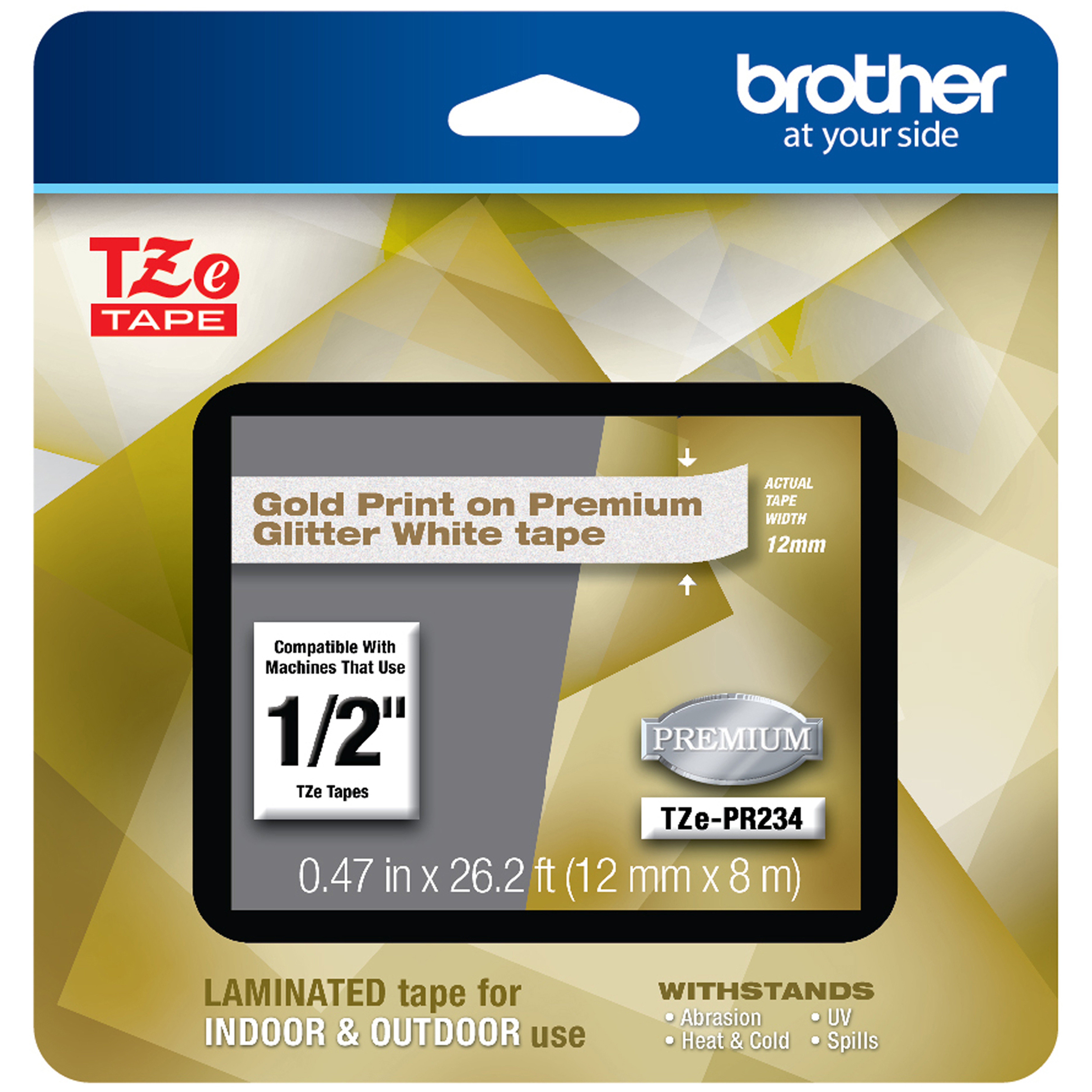 TZe Premium Laminated Tape, 0.47" x 26.2 ft, Gold on White