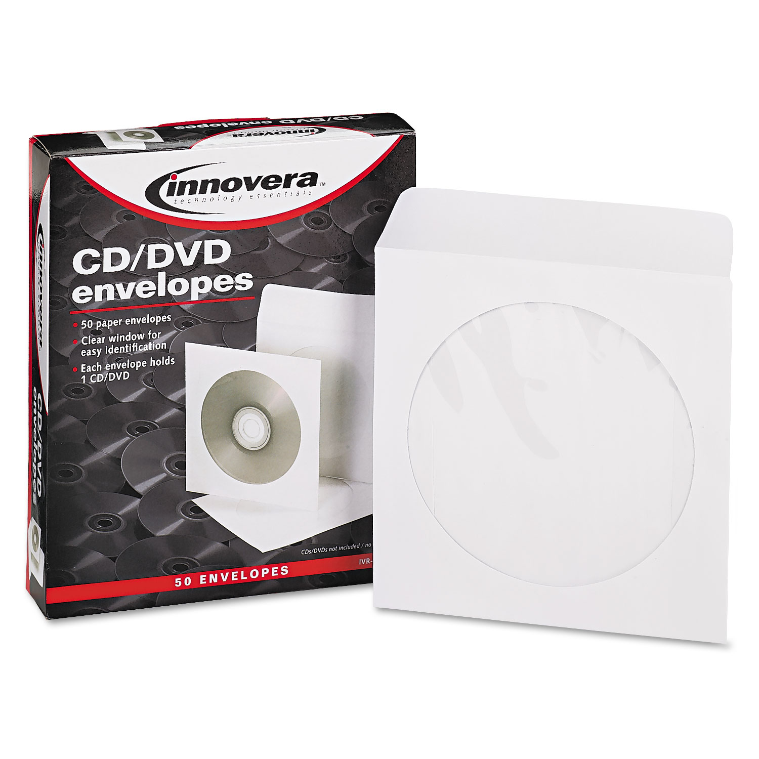 CD/DVD Envelopes, Clear Window, 1 Disc Capacity, White, 50/Pack