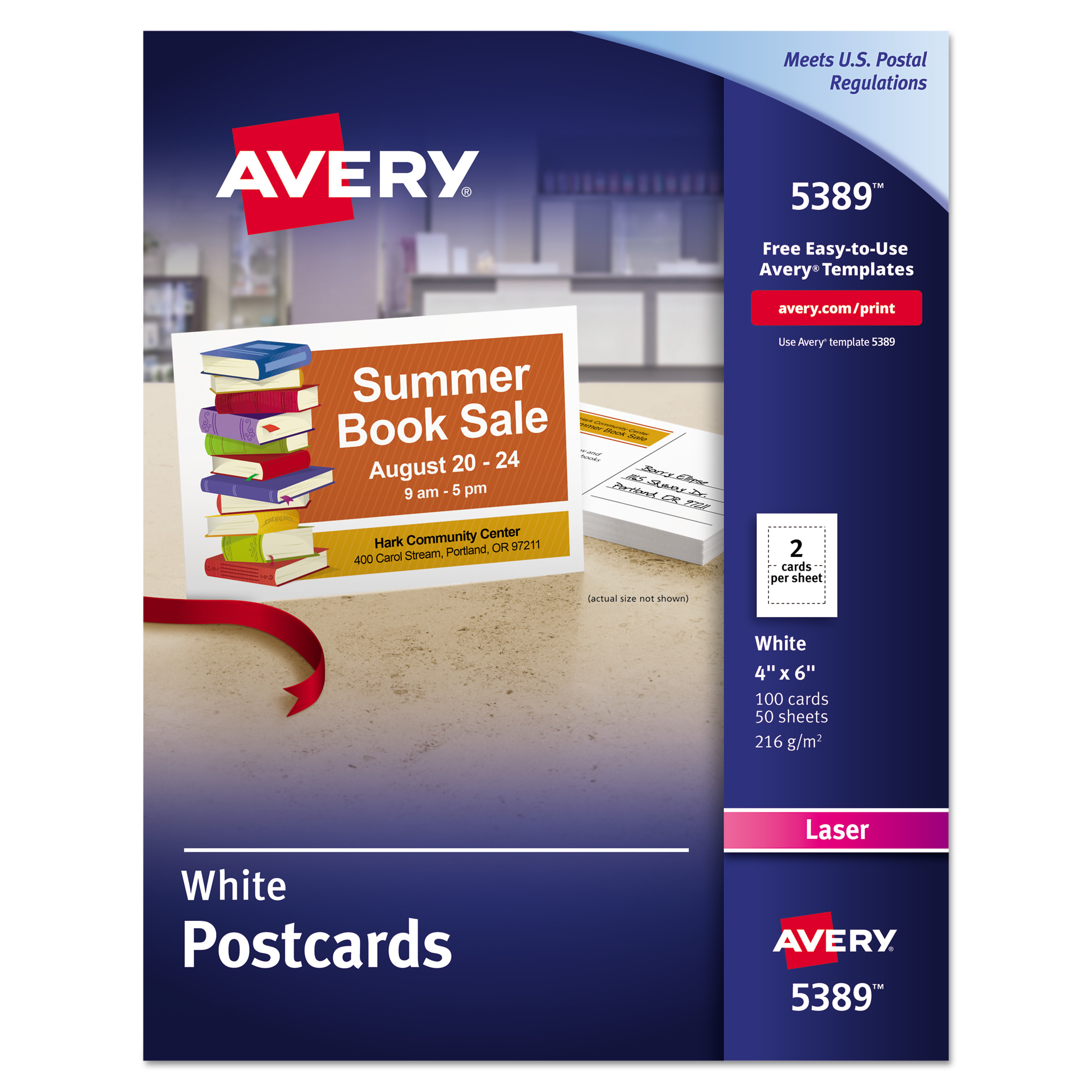 Printable Postcards, Laser, 80 lb, 4 x 6, Uncoated White, 100 Cards, 2/Cards/Sheet, 50 Sheets/Box