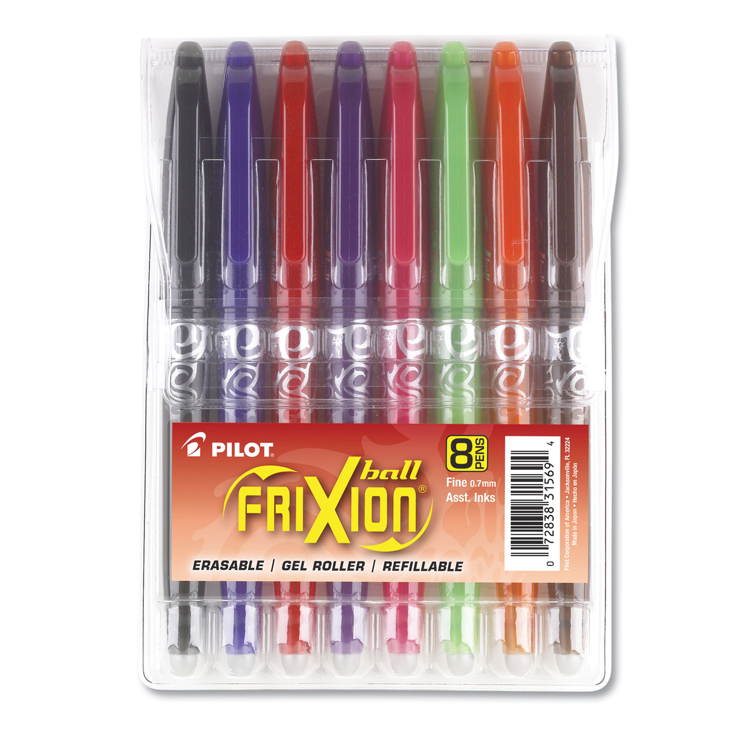 FriXion Ball Erasable Gel Pen, Stick, Fine 0.7 mm, Assorted Ink and Barrel Colors, 8/Pack