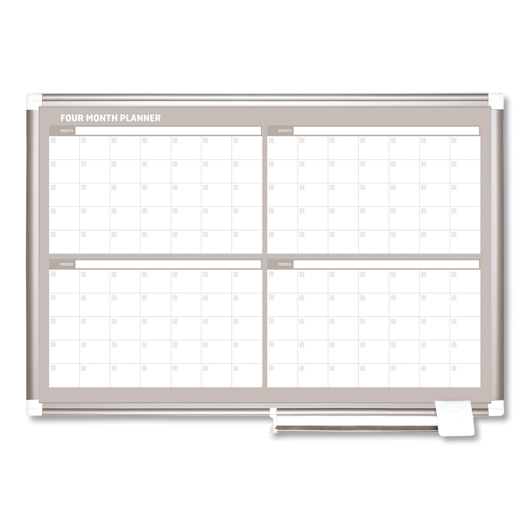 Magnetic Dry Erase Calendar Board, Four Month, 36 x 24, White Surface, Silver Aluminum Frame