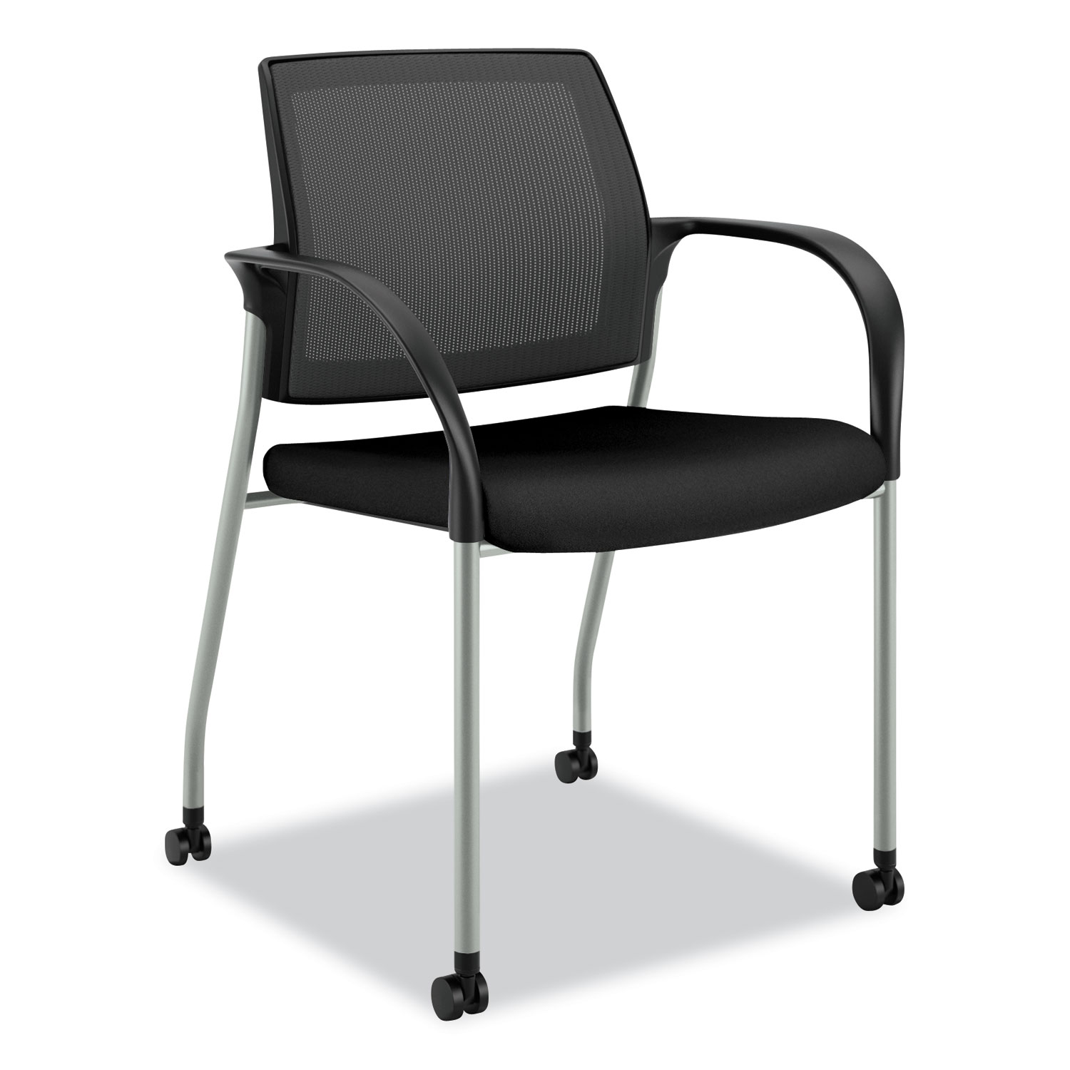 Ignition Series Mesh Back Mobile Stacking Chair, Fabric Seat, 25" x 21.75" x 33.5", Black Seat, Black Back, Platinum Base