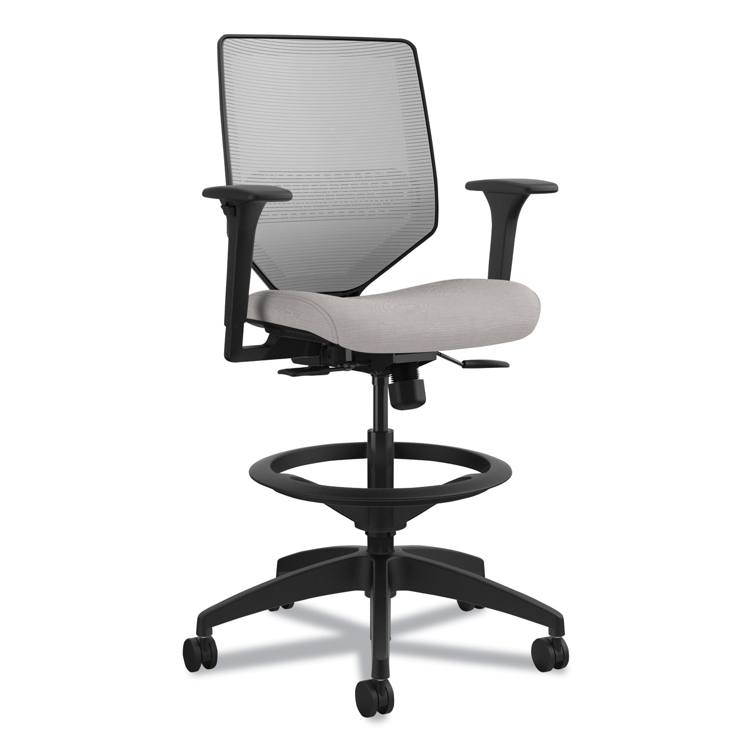 Solve Series Mesh Back Task Stool, Supports Up to 300 lb, 23" to 33" Seat Height, Sterling Seat, Fog Back, Black Base