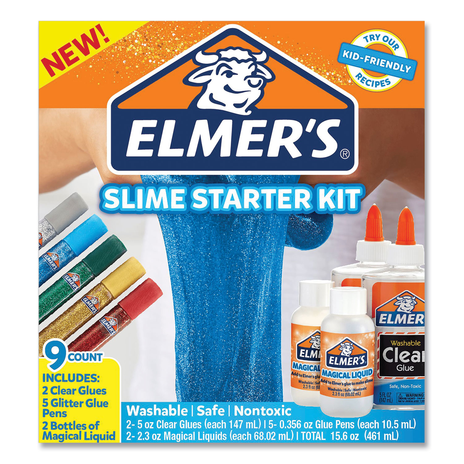 Slime Starter Pack, Two 5 oz. School Glues, Five 0.36 oz. Glitter Glue Pens Two 2.3 oz Magical Liquid Bottles