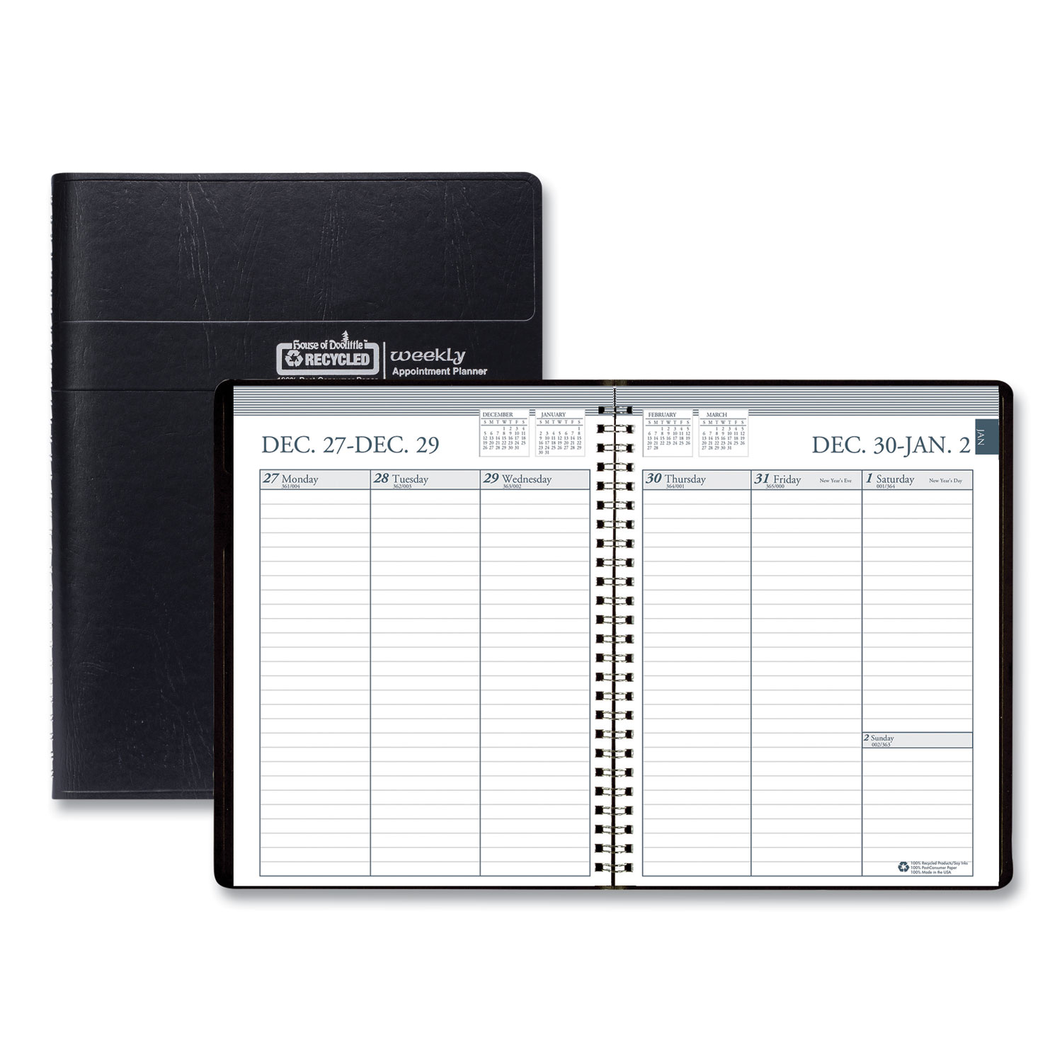 Recycled Weekly Appointment Book Ruled without Appointment Times, 8.75 x 6.88, Black Cover, 12-Month (Jan to Dec): 2026
