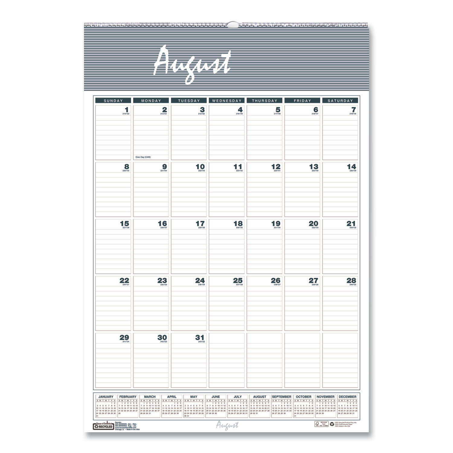 Academic Year Bar Harbor Recycled Wirebound Monthly Wall Calendar, 12 x 17, White/Blue Sheets, 12-Month (Aug-July): 2025-2026